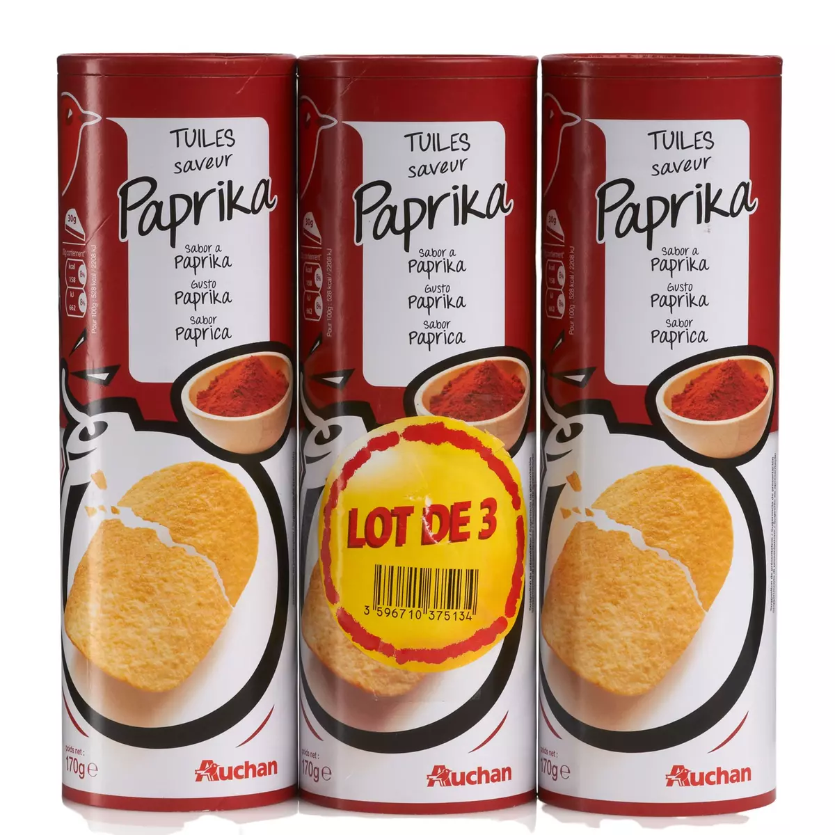 AUCHAN Chips tuiles goût paprika lot de 3 3x170g