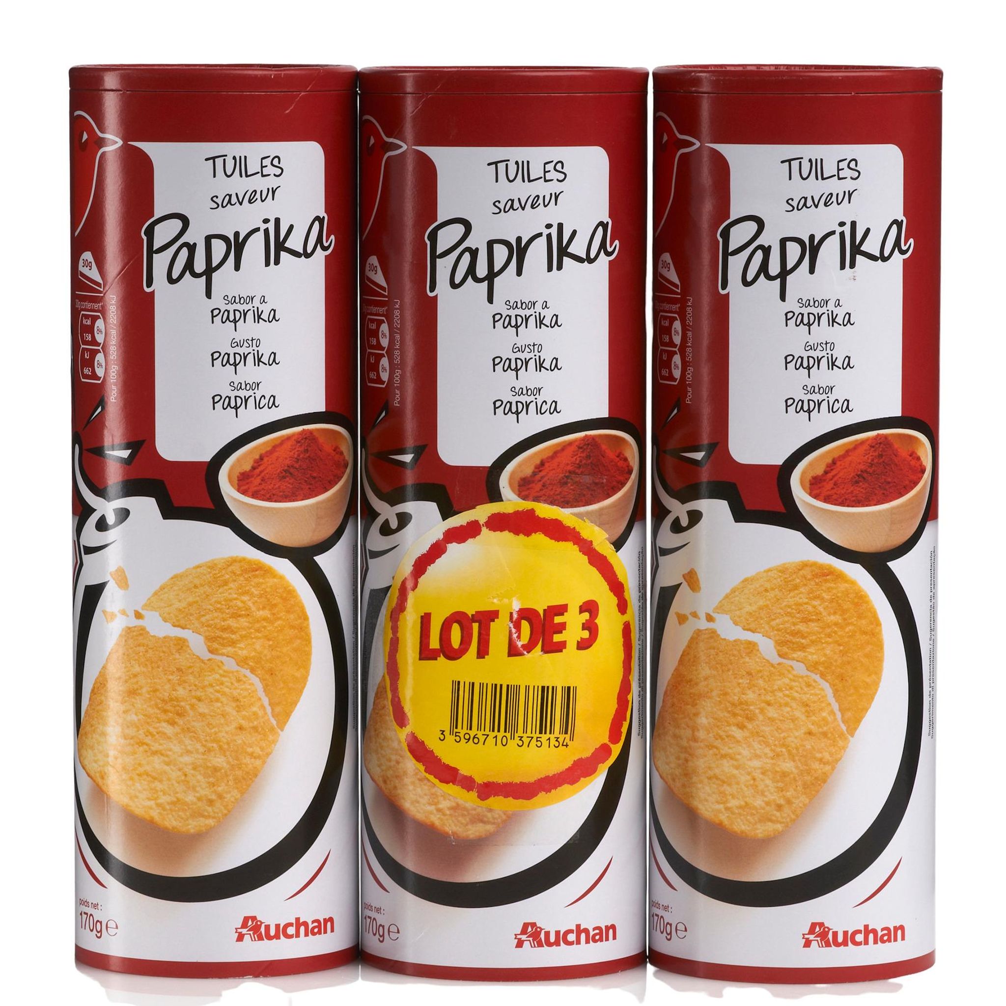 Voir la diapositive 2 : AUCHAN Chips tuiles goût paprika lot de 3 3x170g