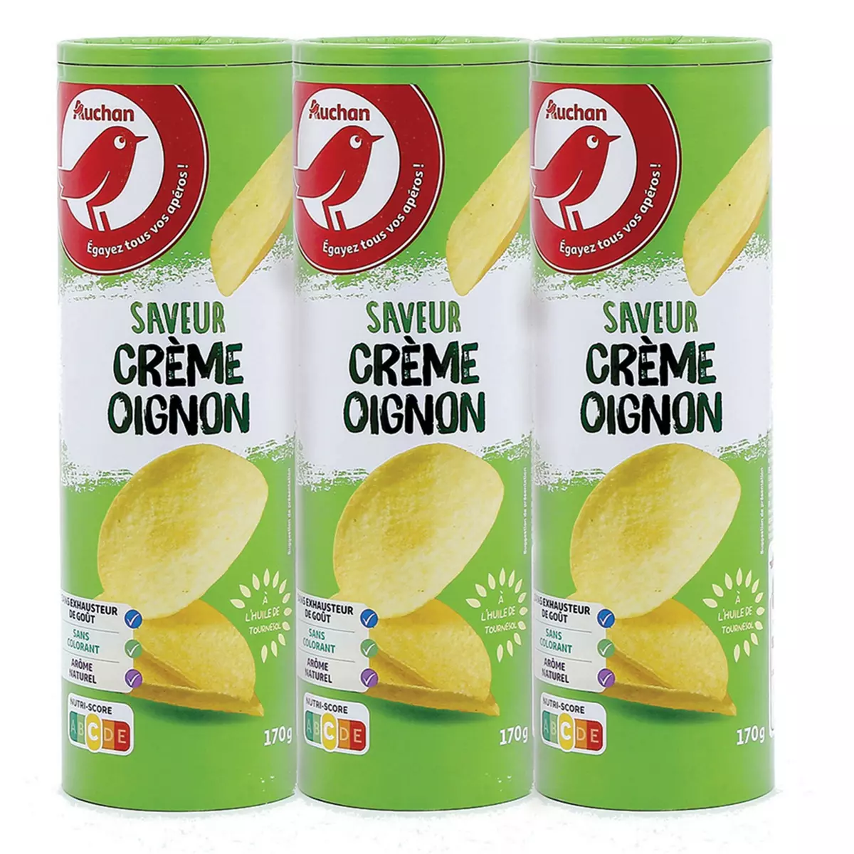 AUCHAN Chips tuiles saveur crème oignon lot de 3 3x170g