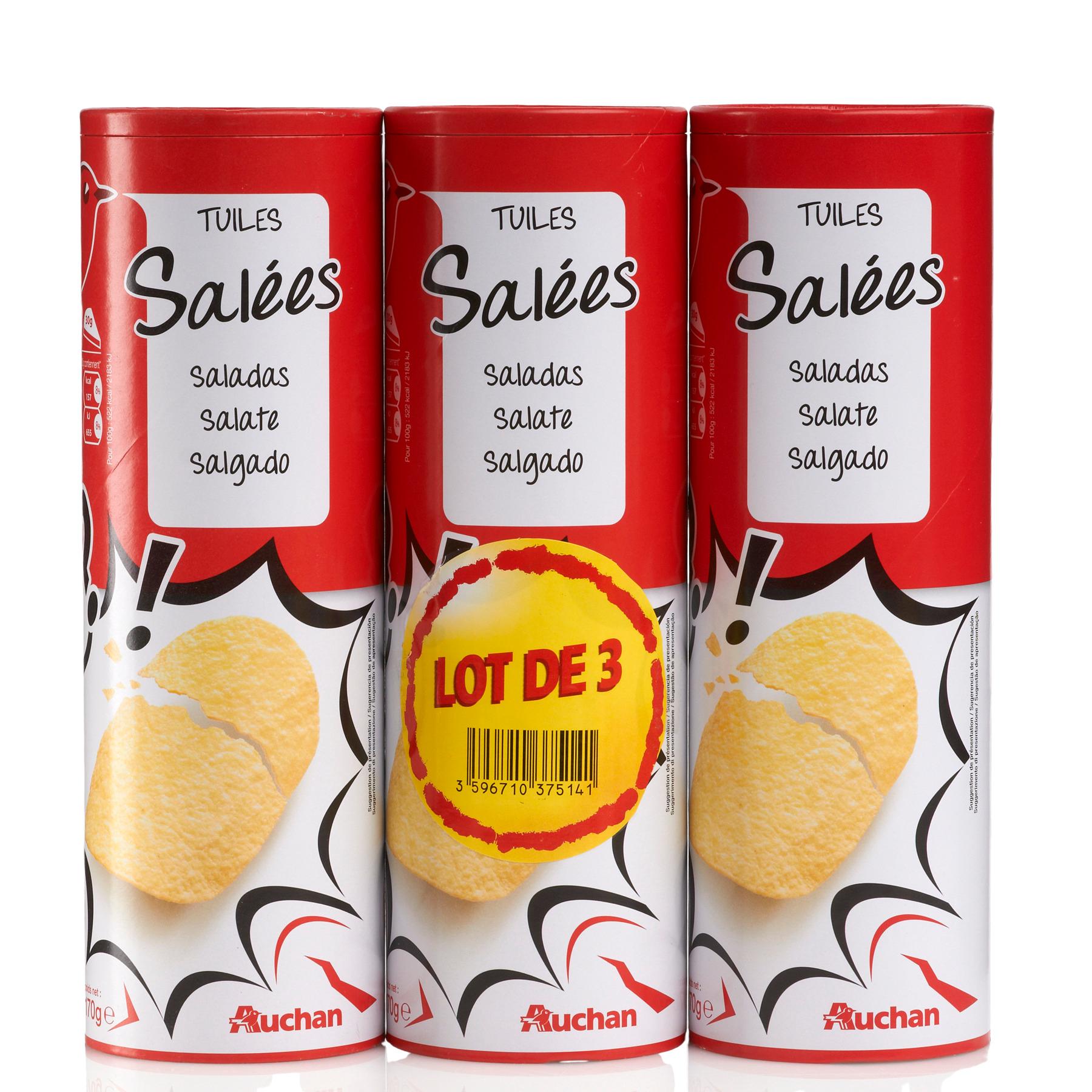 Voir la diapositive 2 : AUCHAN Tuiles salées lot de 3 3x170g
