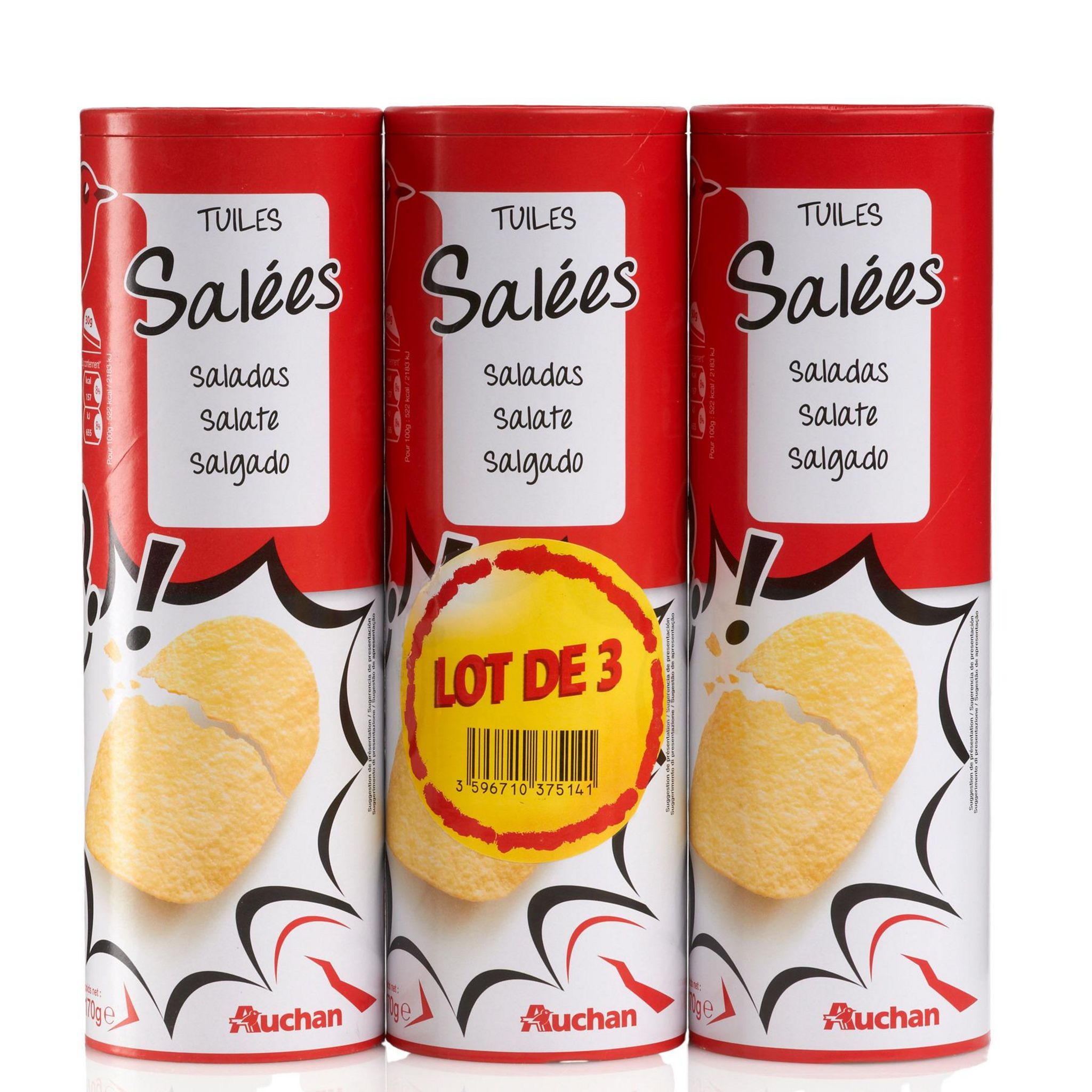 Voir la diapositive 2 : AUCHAN Tuiles salées lot de 3 3x170g