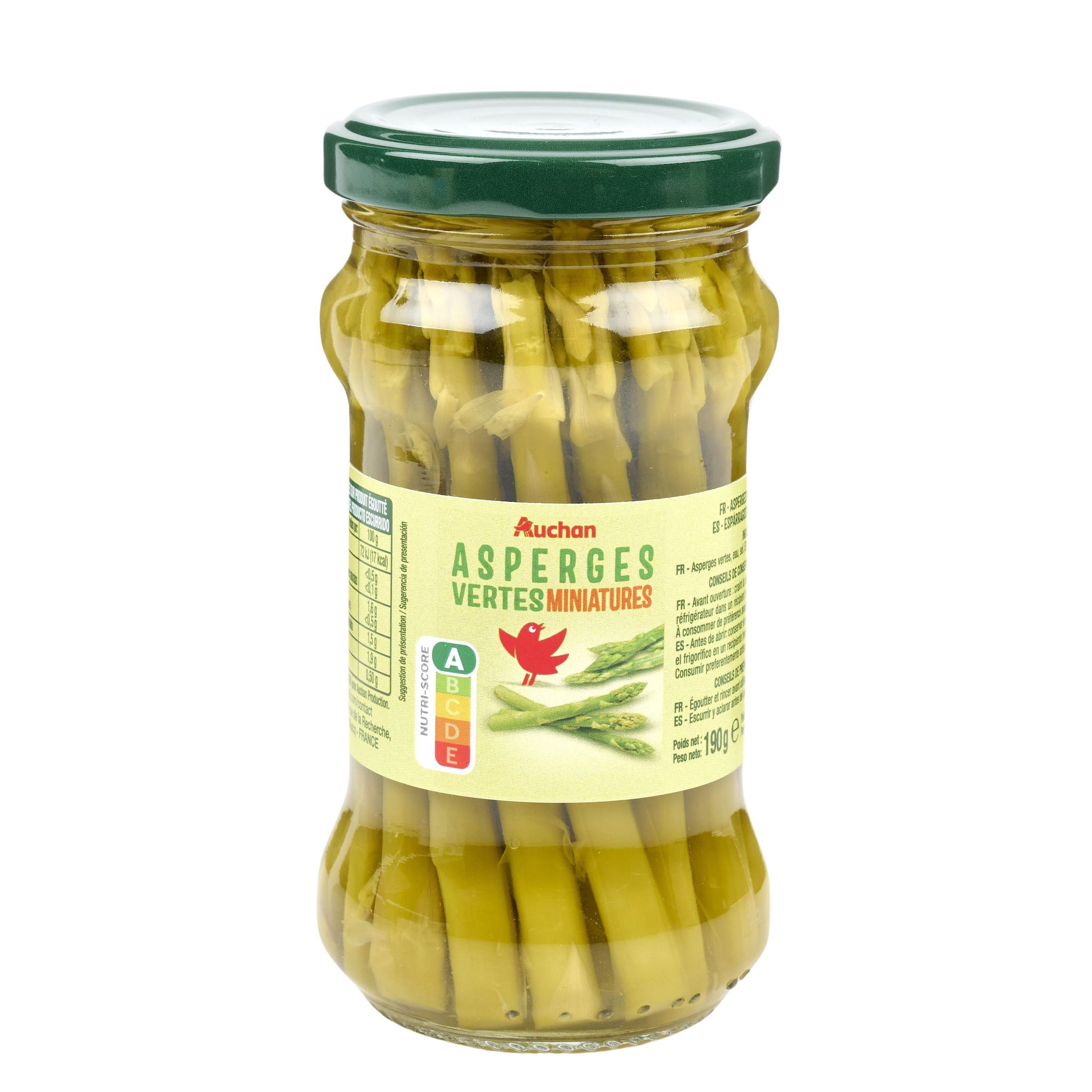 Voir la diapositive 2 : AUCHAN Asperges vertes miniatures en bocal 100g