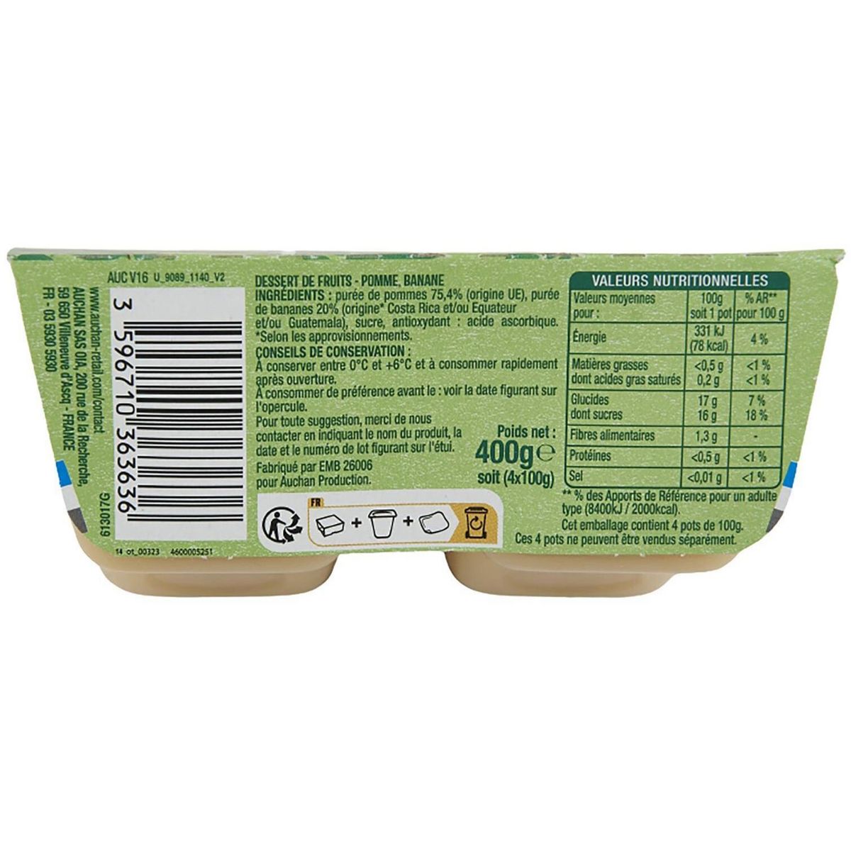 AUCHAN Spécialité pomme banane 4x100g