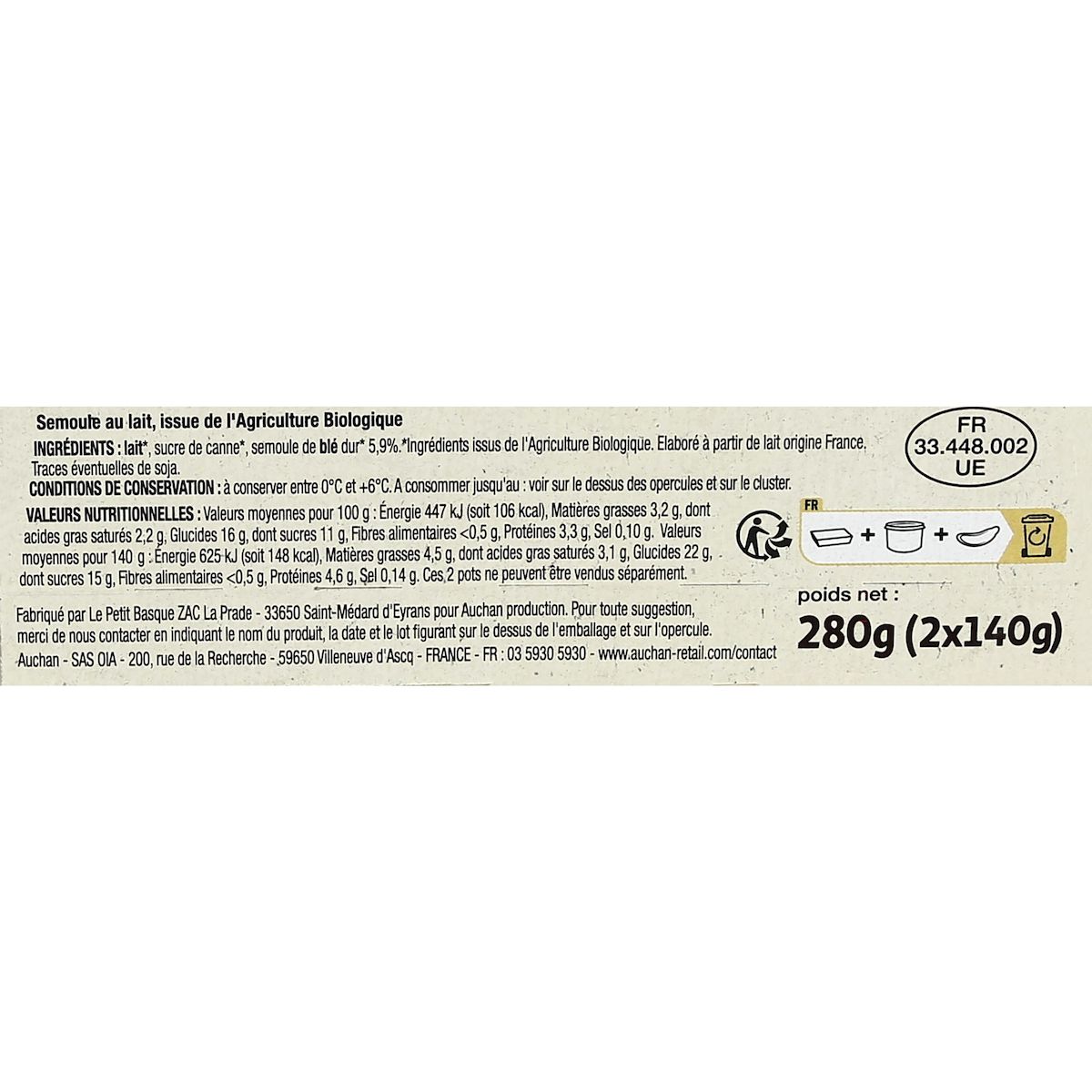 AUCHAN BIO Semoule au lait 2x140g