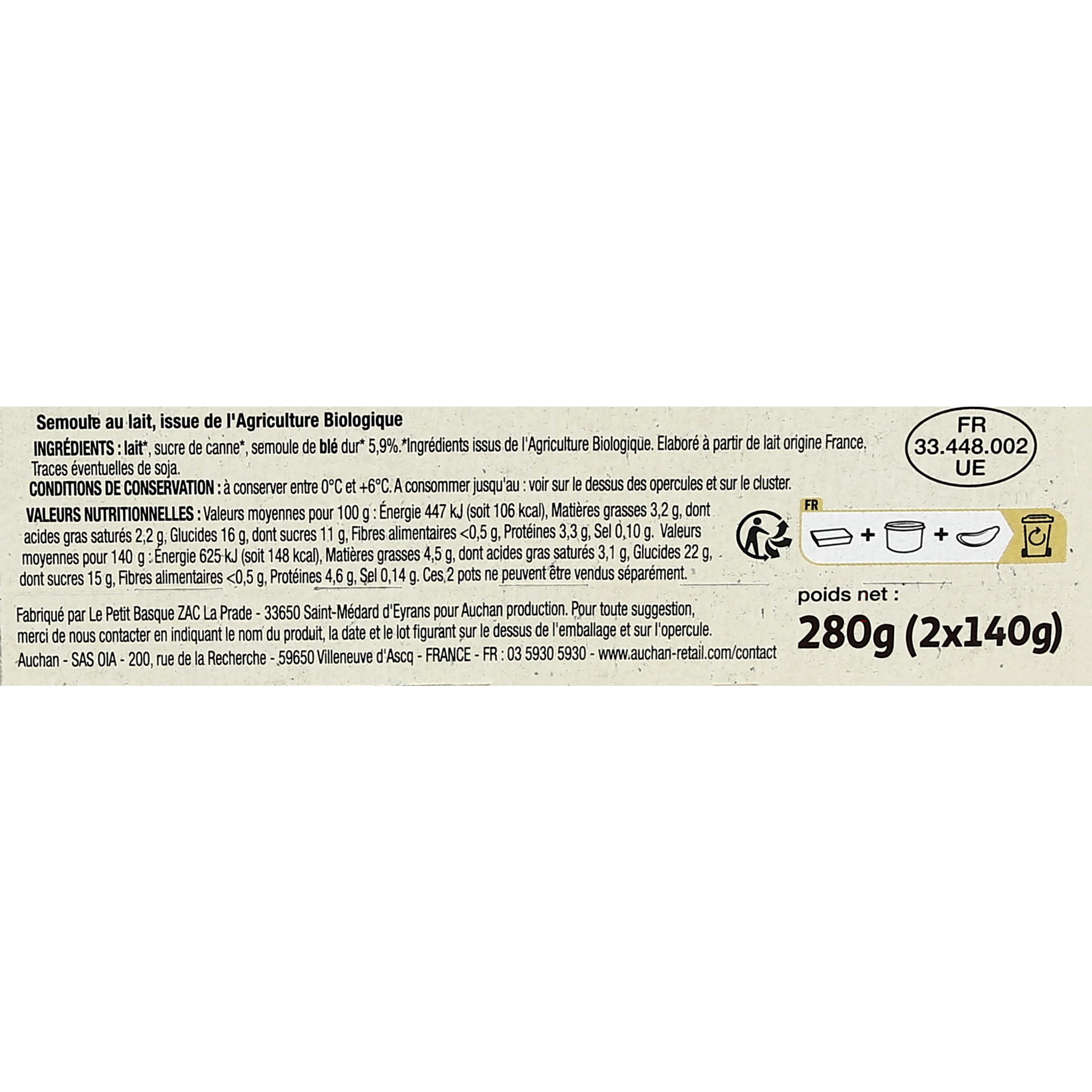 Voir la diapositive 3 : AUCHAN BIO Semoule au lait 2x140g