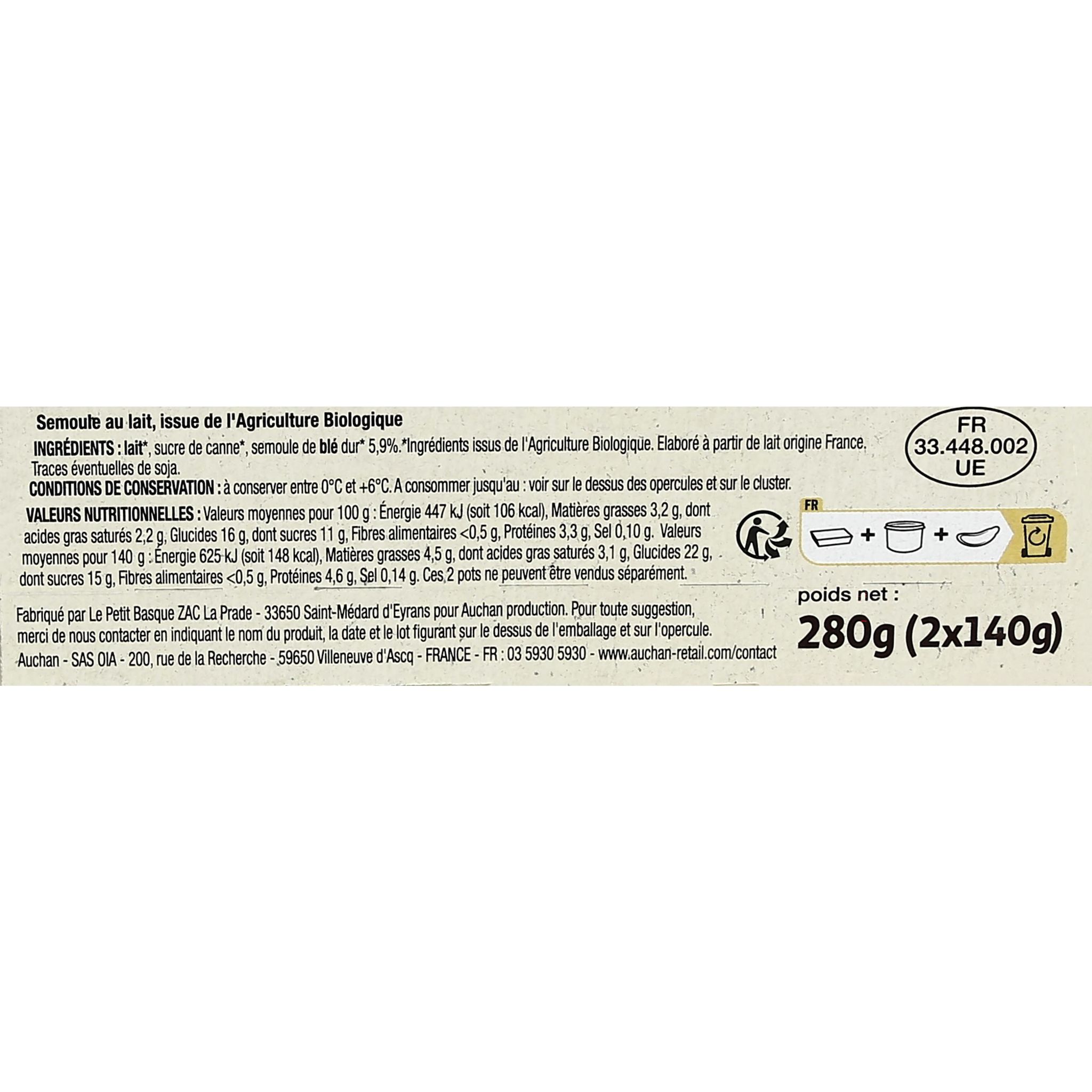 Voir la diapositive 3 : AUCHAN BIO Semoule au lait 2x140g