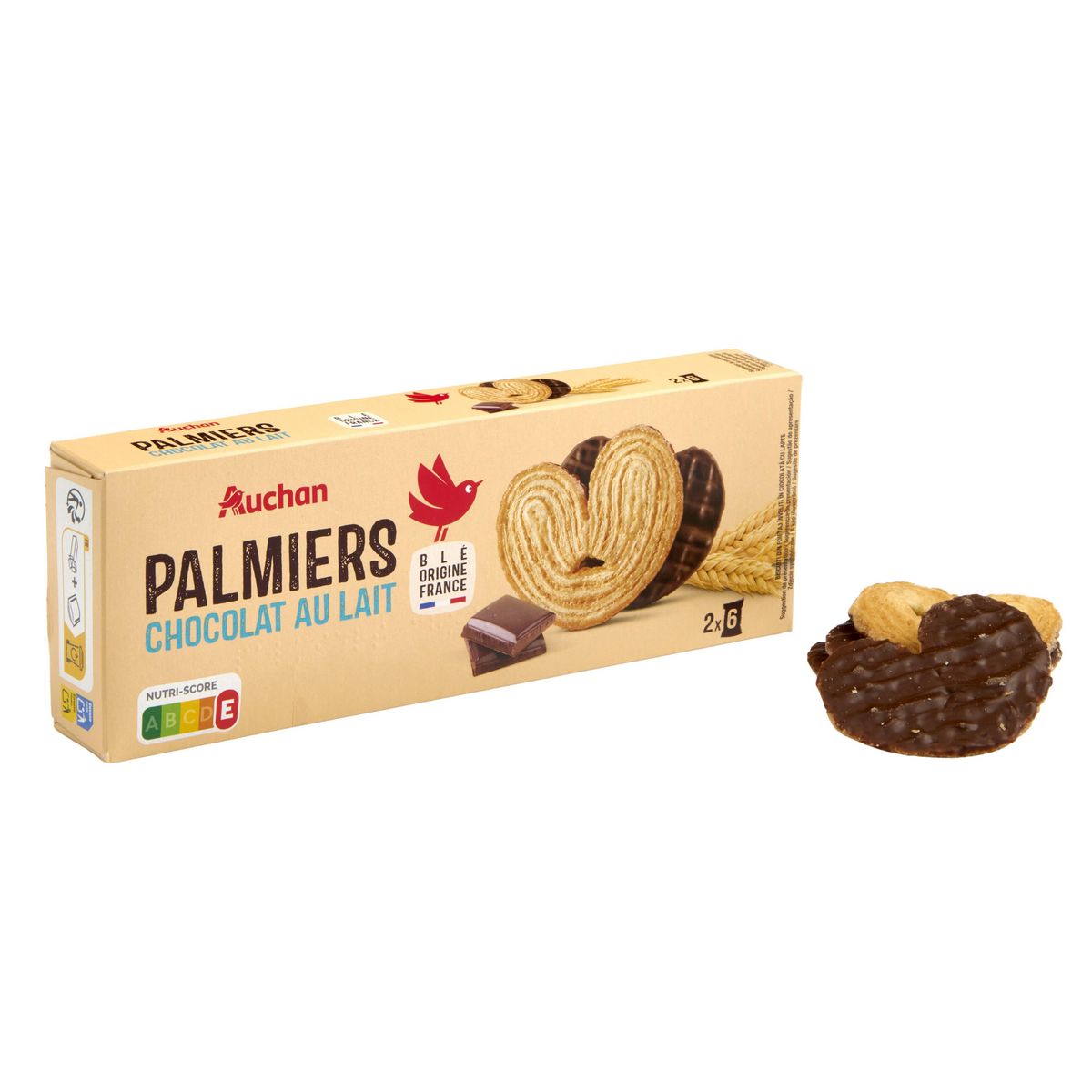 AUCHAN Palmiers biscuits feuilletés nappés au chocolat au lait sachets fraîcheur 2x6 biscuits 110g