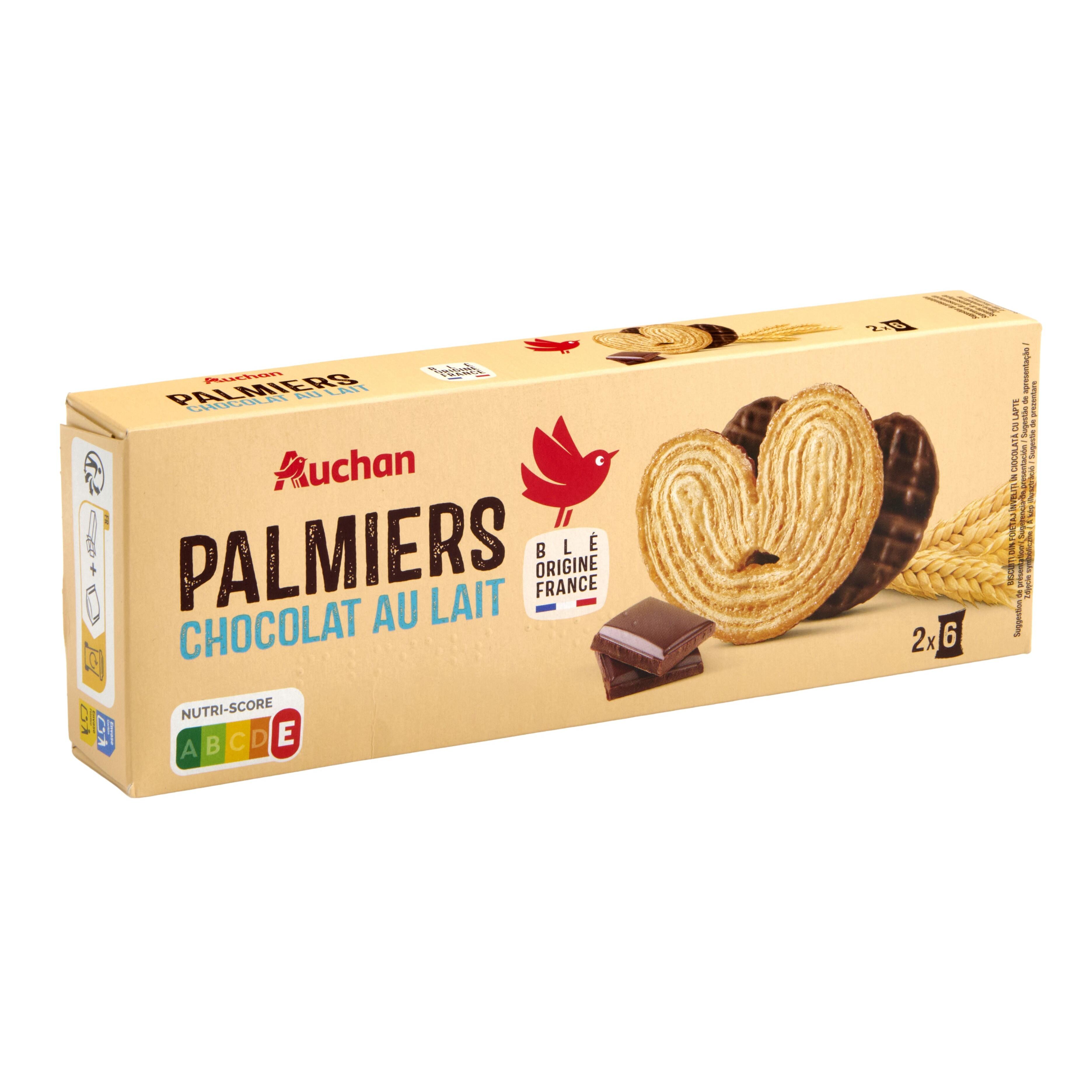 Voir la diapositive 4 : AUCHAN Palmiers biscuits feuilletés nappés au chocolat au lait sachets fraîcheur 2x6 biscuits 110g