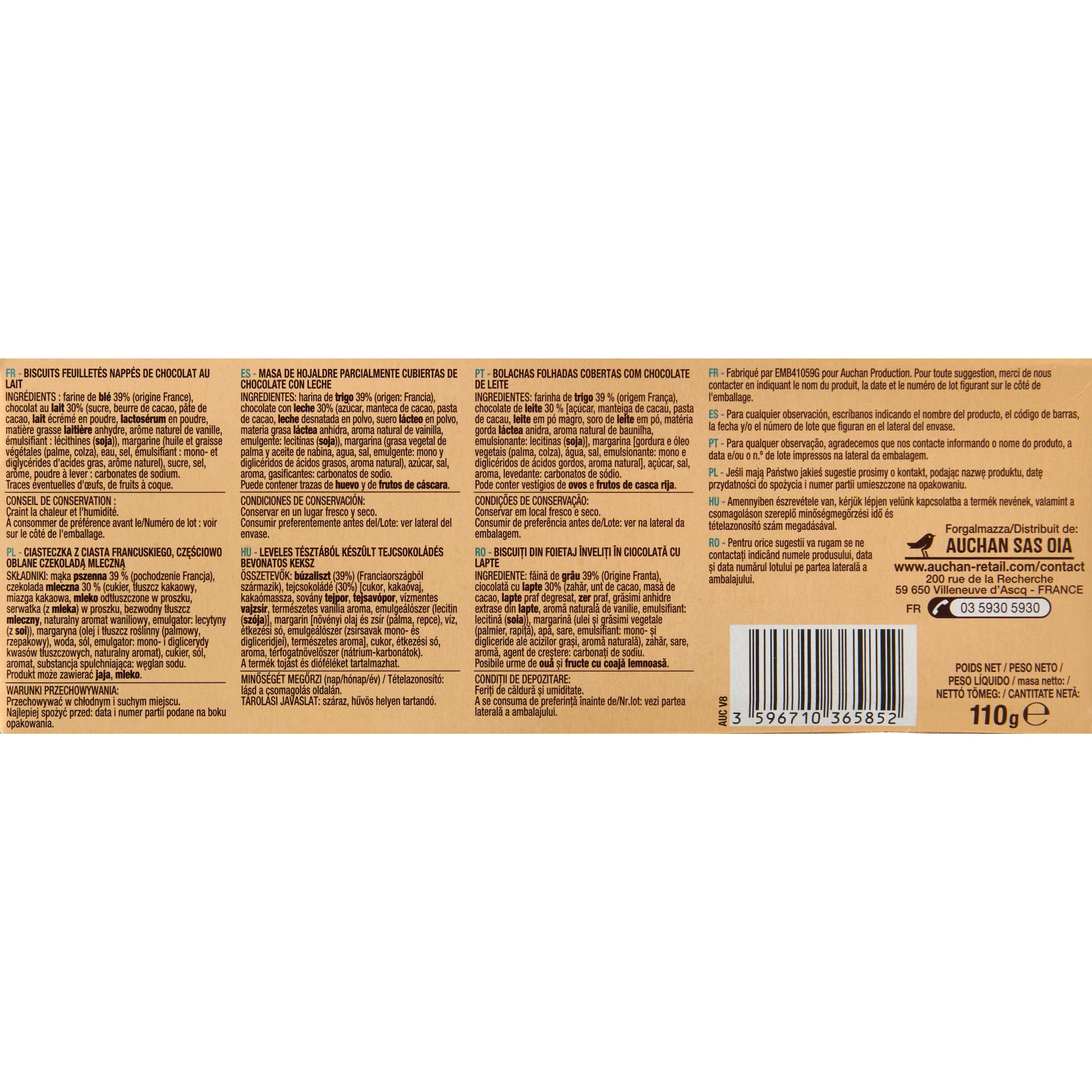 Voir la diapositive 3 : AUCHAN Palmiers biscuits feuilletés nappés au chocolat au lait sachets fraîcheur 2x6 biscuits 110g