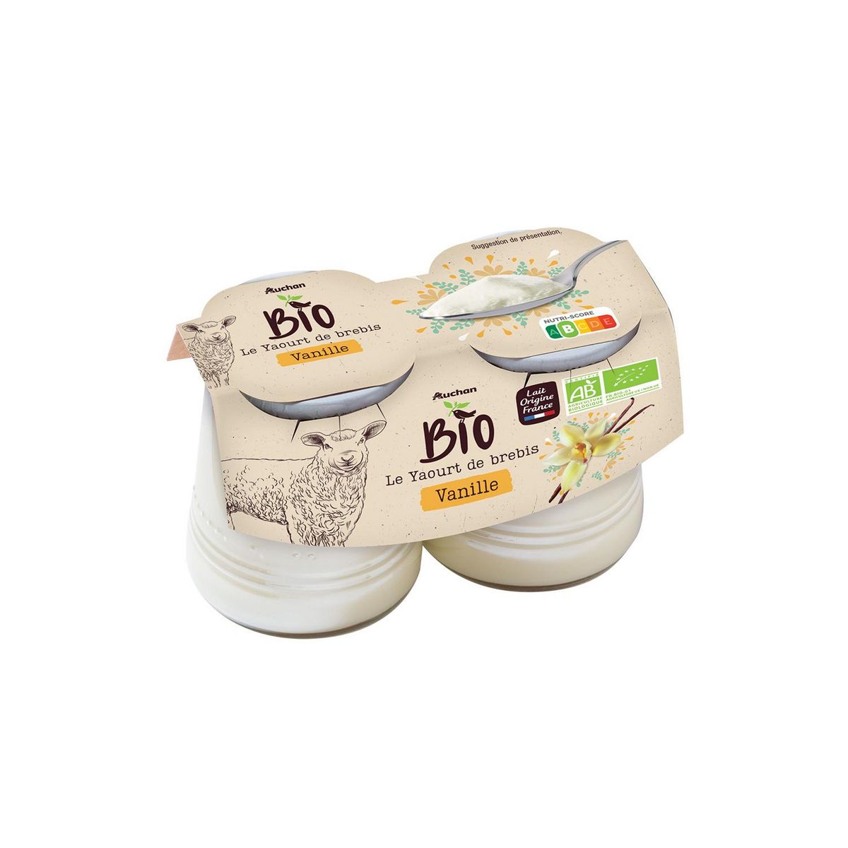 AUCHAN BIO Yaourt arômatisé à la vanille au lait de brebis 2x125g