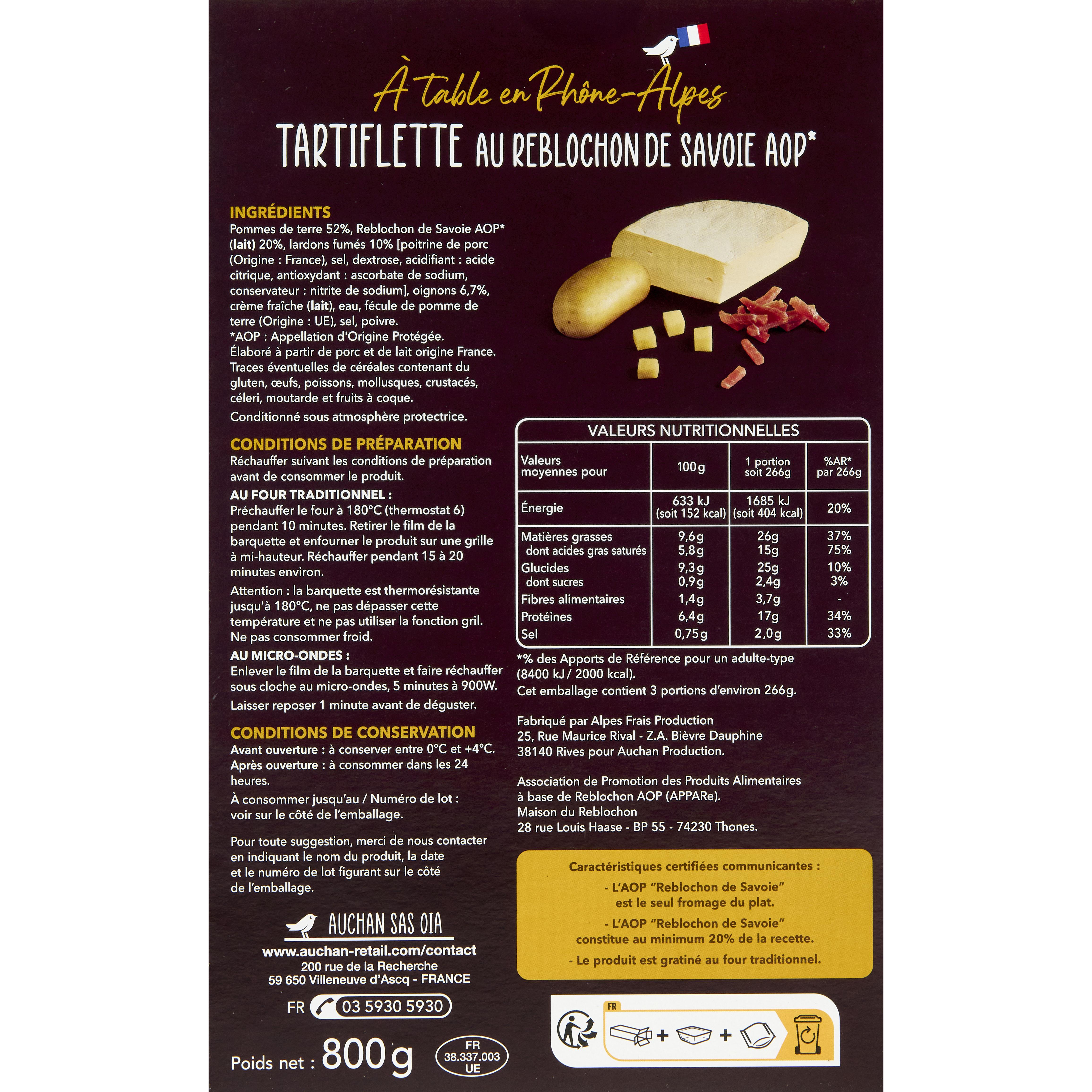 Voir la diapositive 2 : AUCHAN TERROIR Tartiflette au reblochon de Savoie Label rouge 3 parts 800g