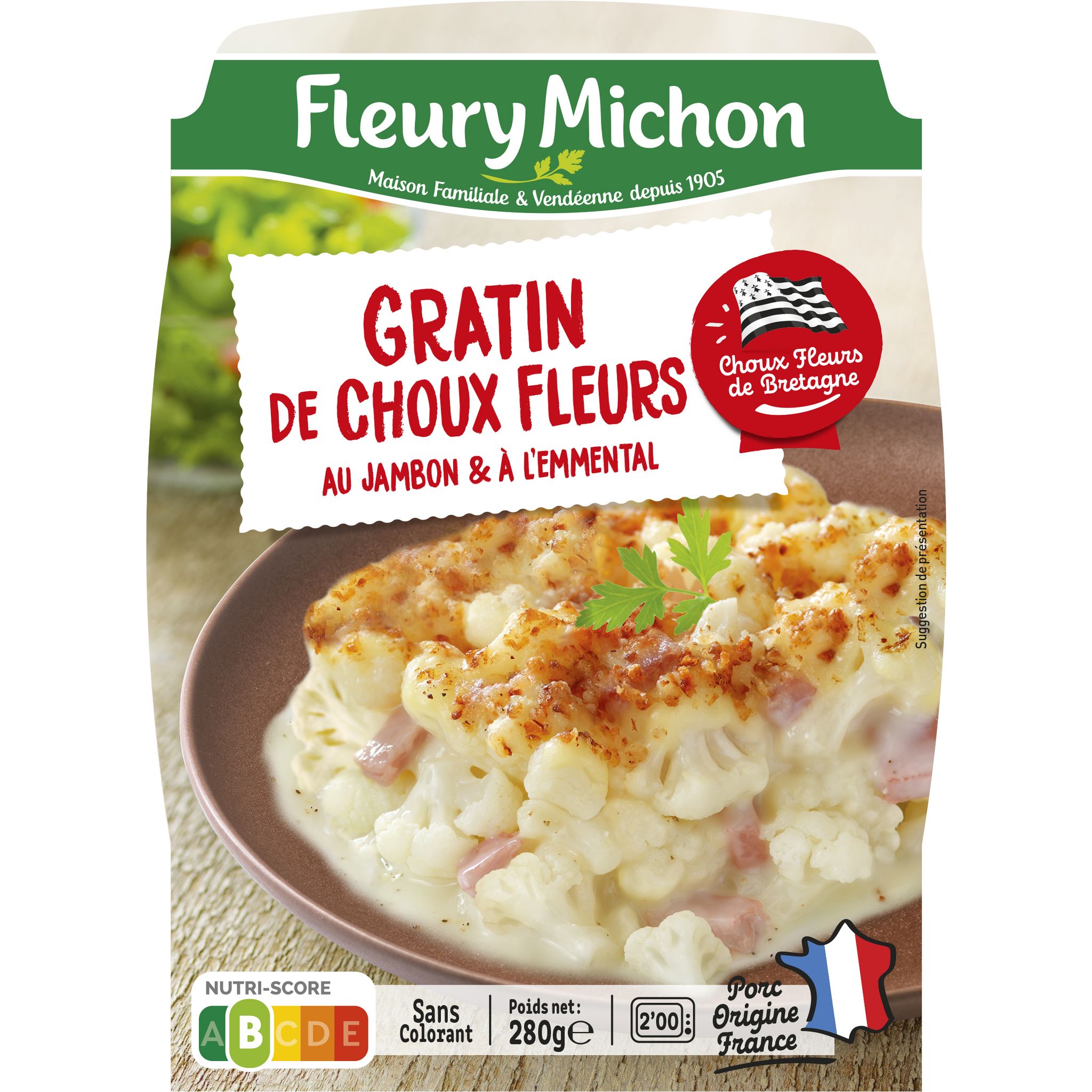 Voir la diapositive 2 : FLEURY MICHON Gratin de choux-fleurs au jambon et emmental 1 part 280g