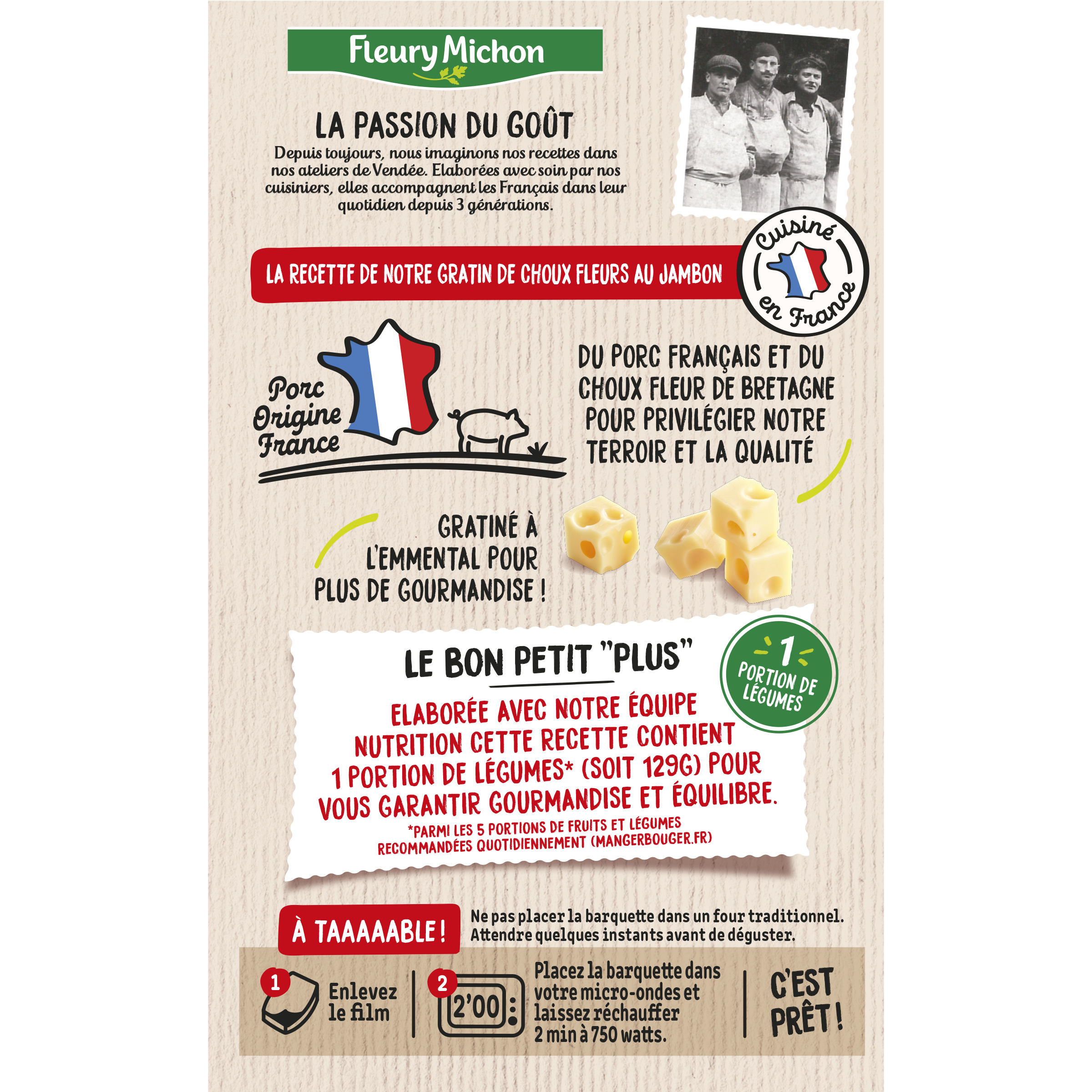 Voir la diapositive 4 : FLEURY MICHON Gratin de choux-fleurs au jambon et emmental 1 part 280g