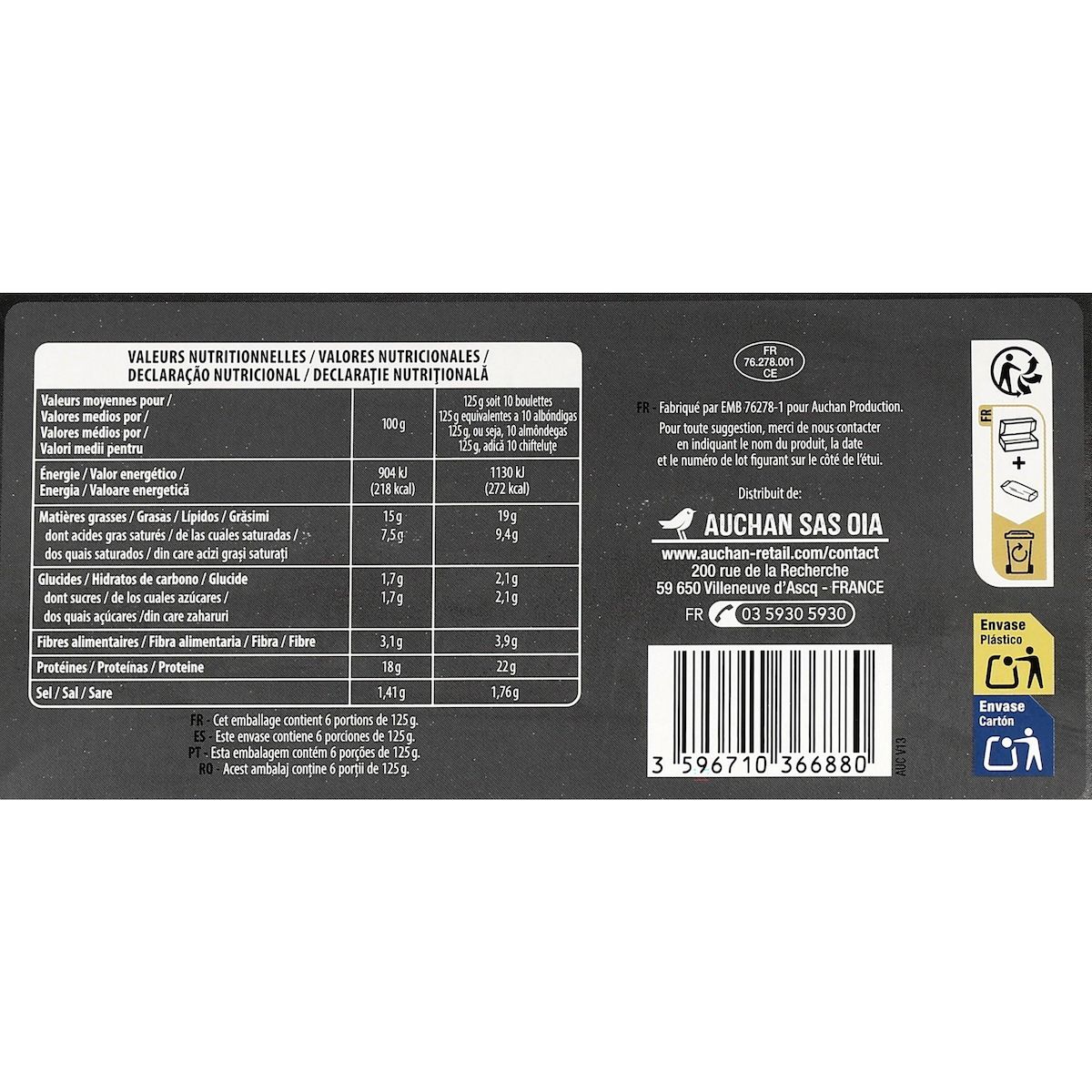 AUCHAN Mini boulettes de boeuf cuites 6 portions 750g