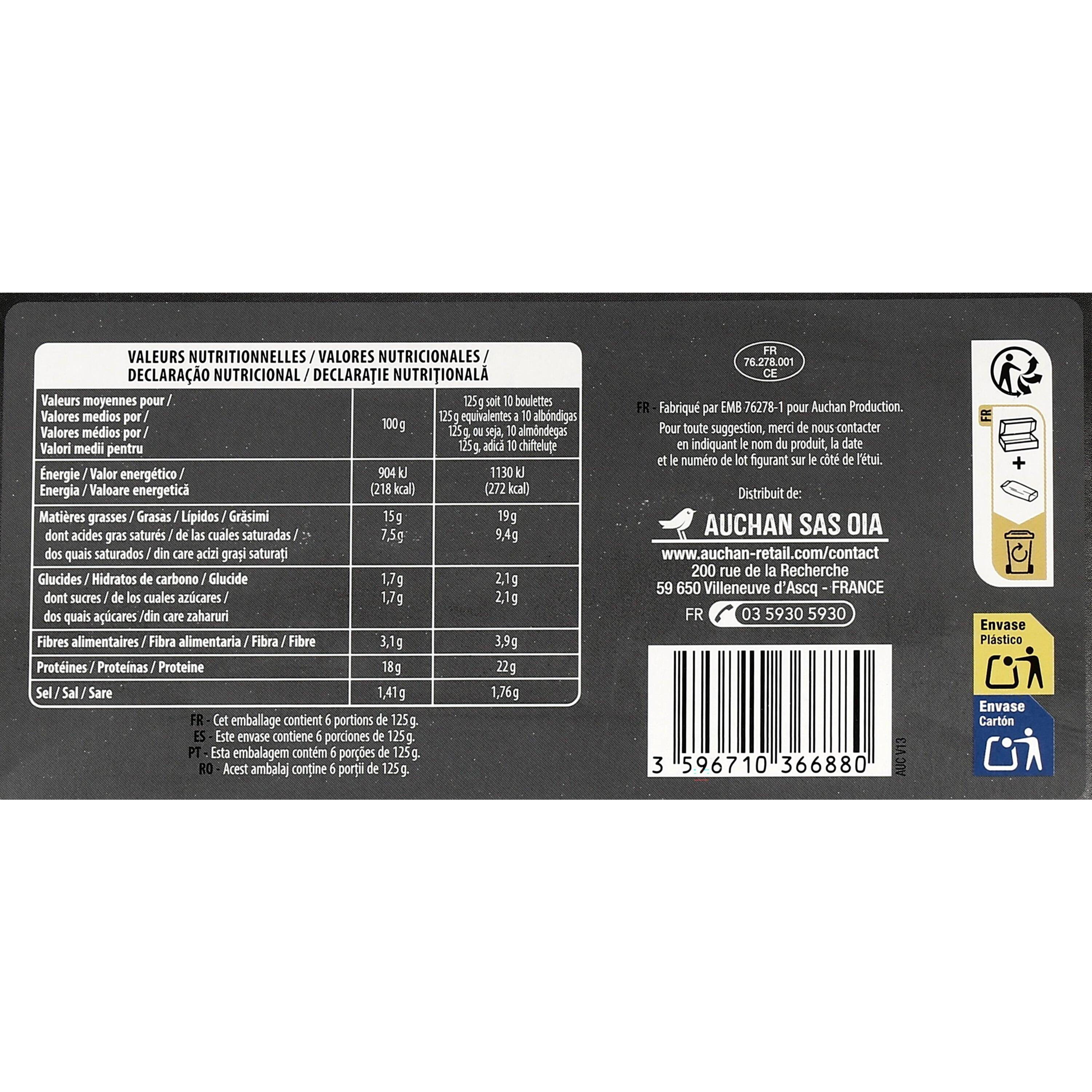 Voir la diapositive 3 : AUCHAN Mini boulettes de boeuf cuites 6 portions 750g