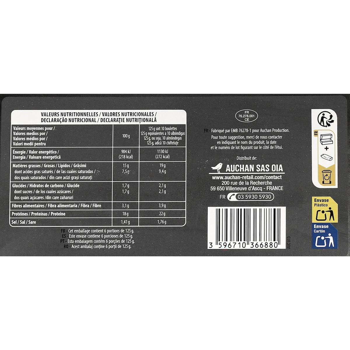 AUCHAN Mini boulettes de boeuf cuites 6 portions 750g