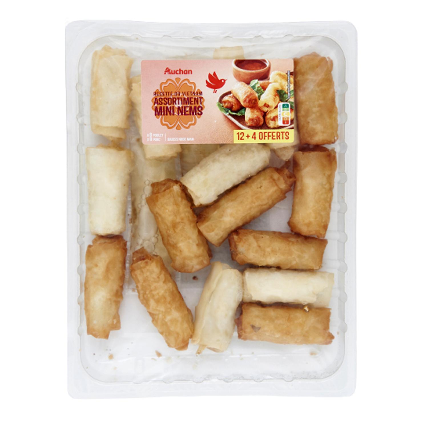 Voir la diapositive 2 : AUCHAN Mini nems de porc et poulet sauce nuoc mam 12+4 offerts 360g
