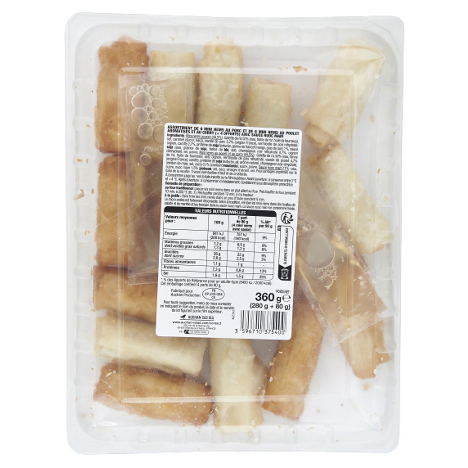 Voir la diapositive 3 : AUCHAN Mini nems de porc et poulet sauce nuoc mam 12+4 offerts 360g