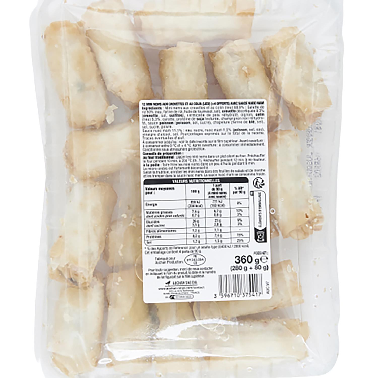 Voir la diapositive 2 : AUCHAN Mini nems aux crevettes et colin sauce nuoc mam 12+4 offerts 360g
