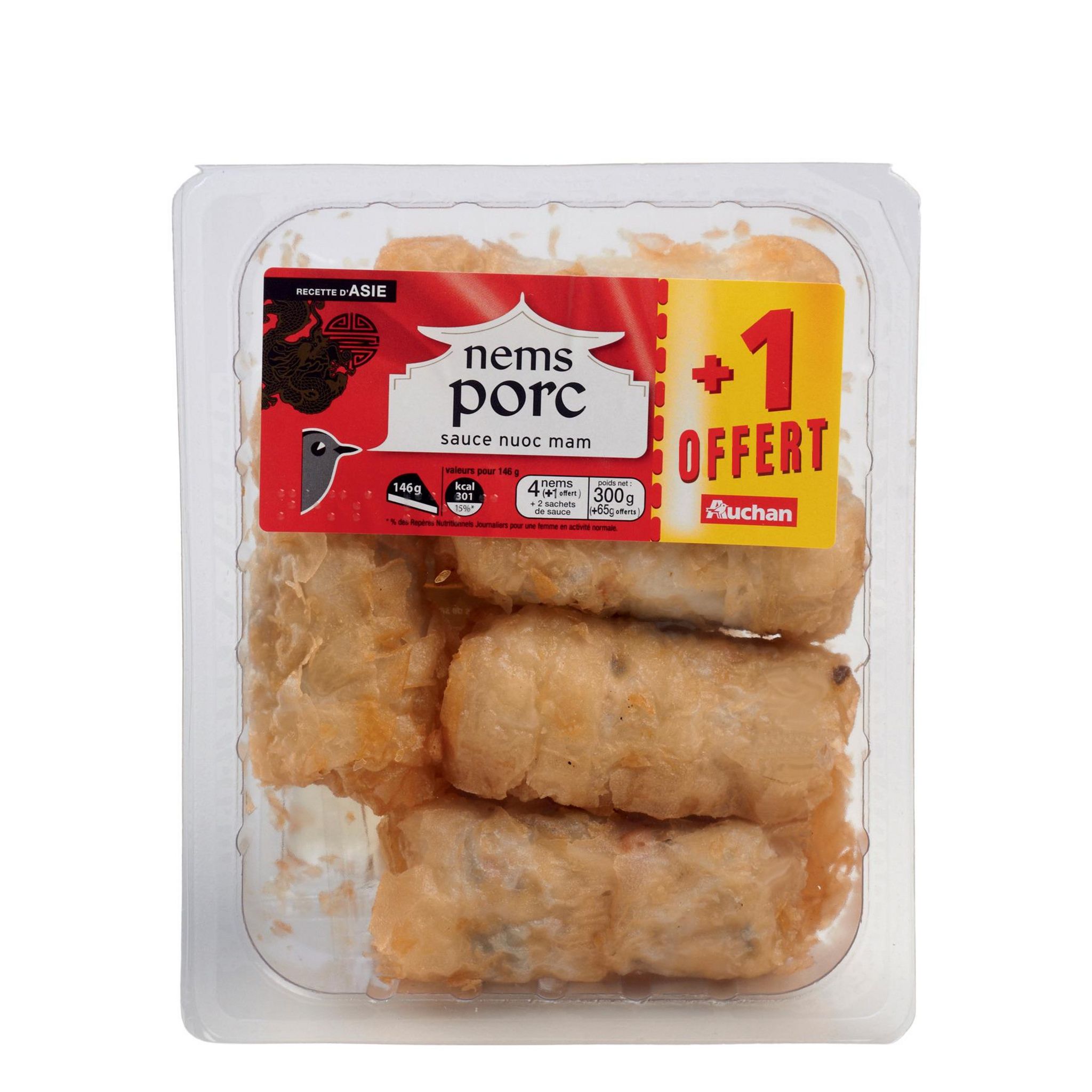 Voir la diapositive 2 : AUCHAN Nem au porc sauce nuoc mam 4+1 offert 365g
