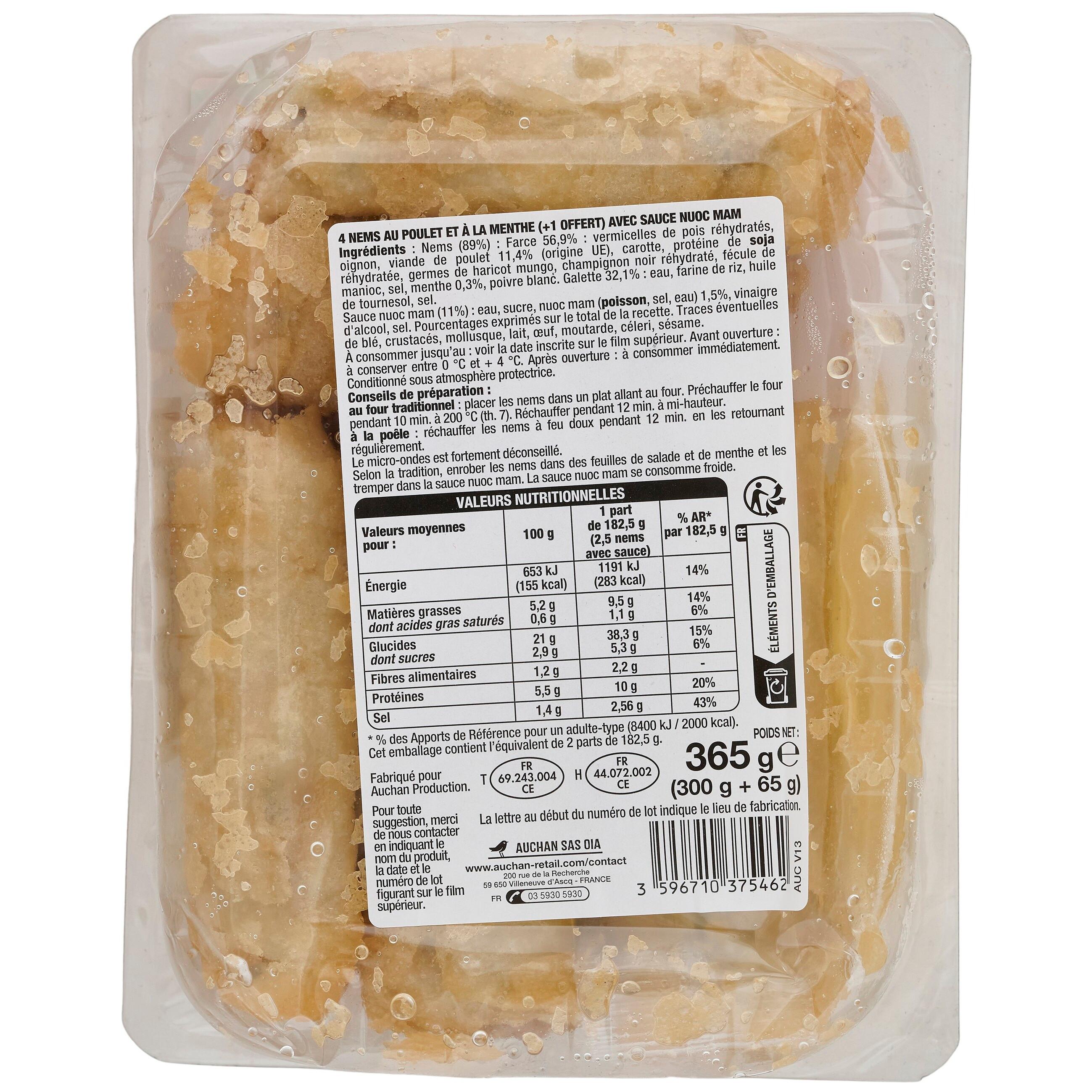 Voir la diapositive 2 : AUCHAN Nems de poulet sauce nuoc mam 4+1 offert 365g