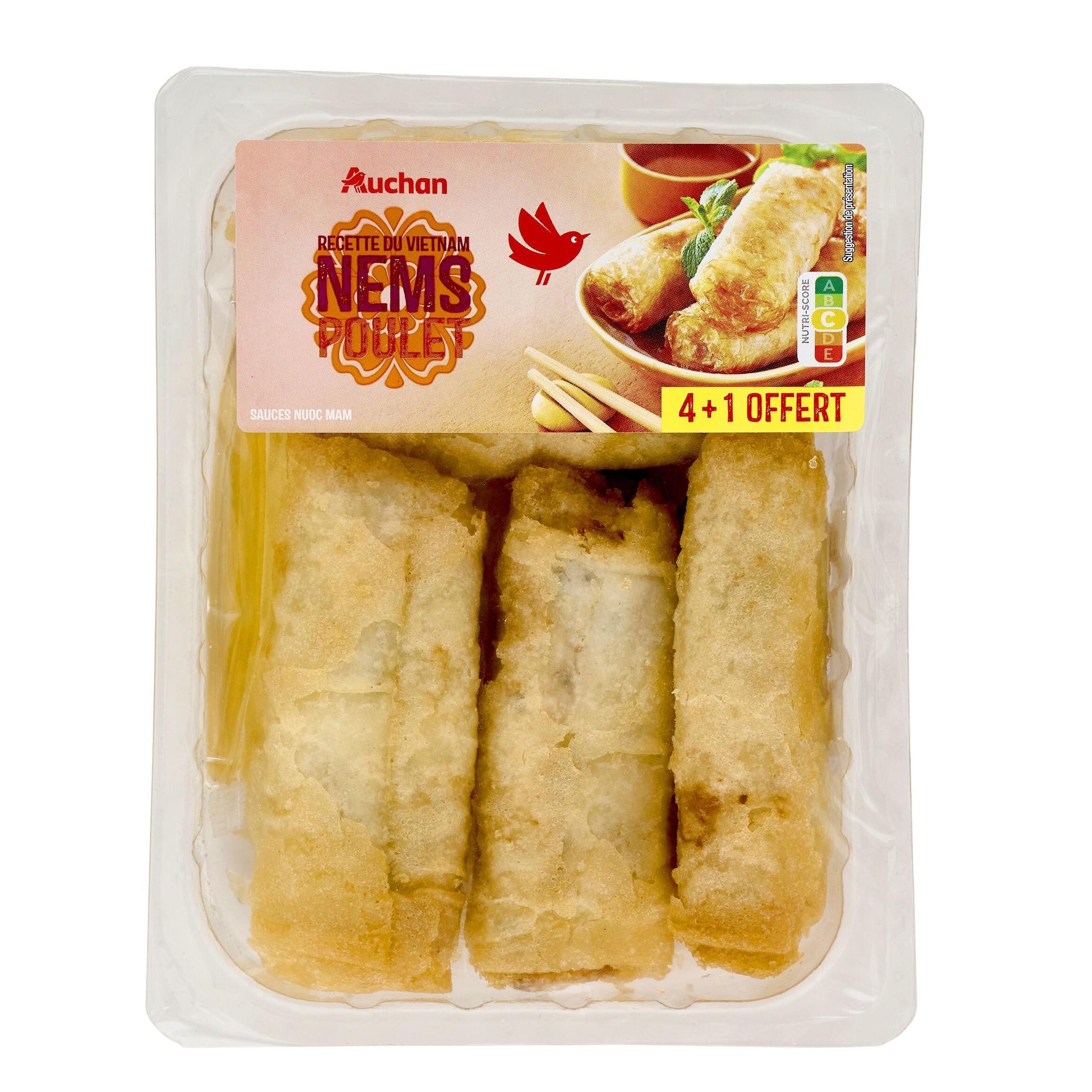 Voir la diapositive 3 : AUCHAN Nems de poulet sauce nuoc mam 4+1 offert 365g