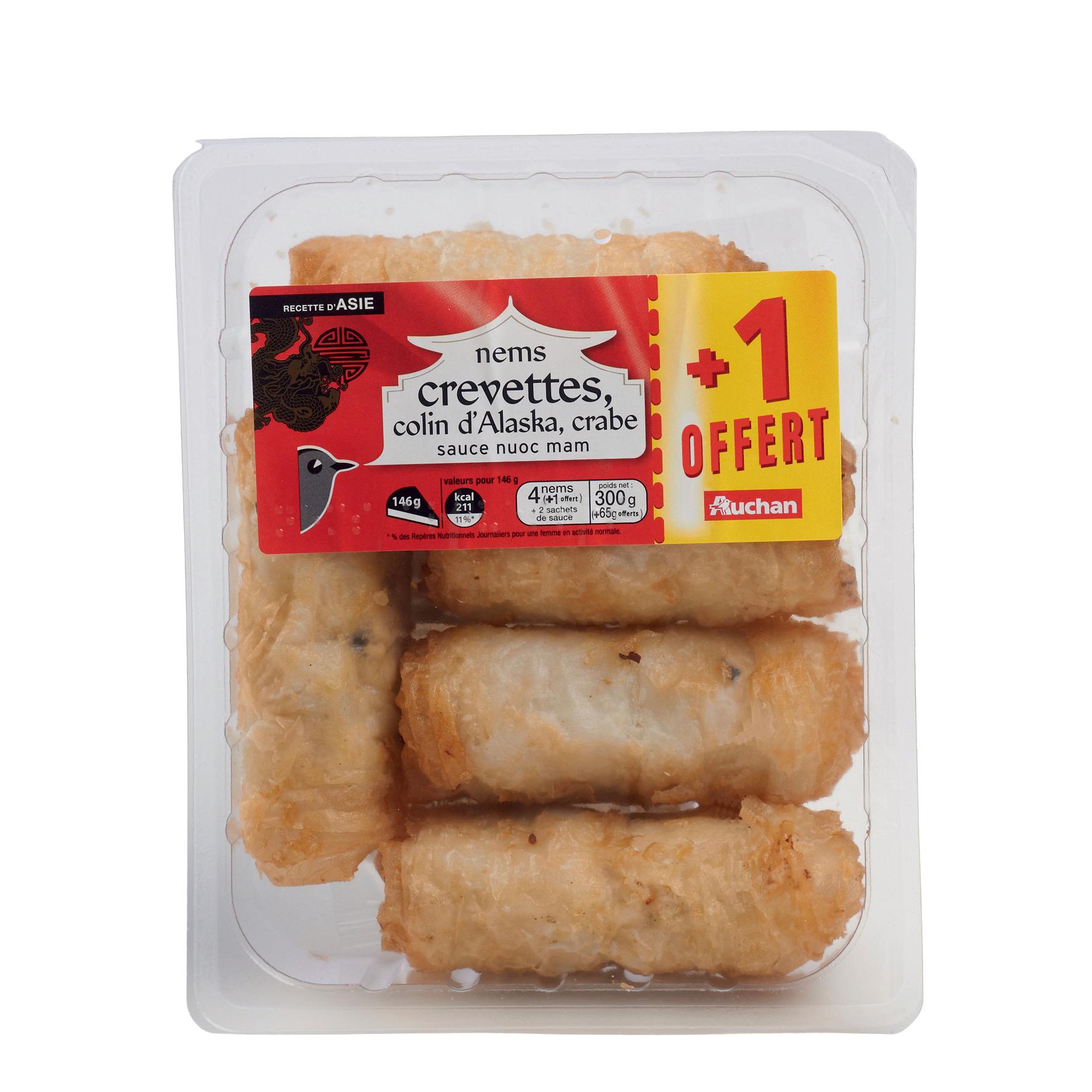 Voir la diapositive 2 : AUCHAN Nems de crevettes et merlu sauce nuoc mam 4+1 offert 365g
