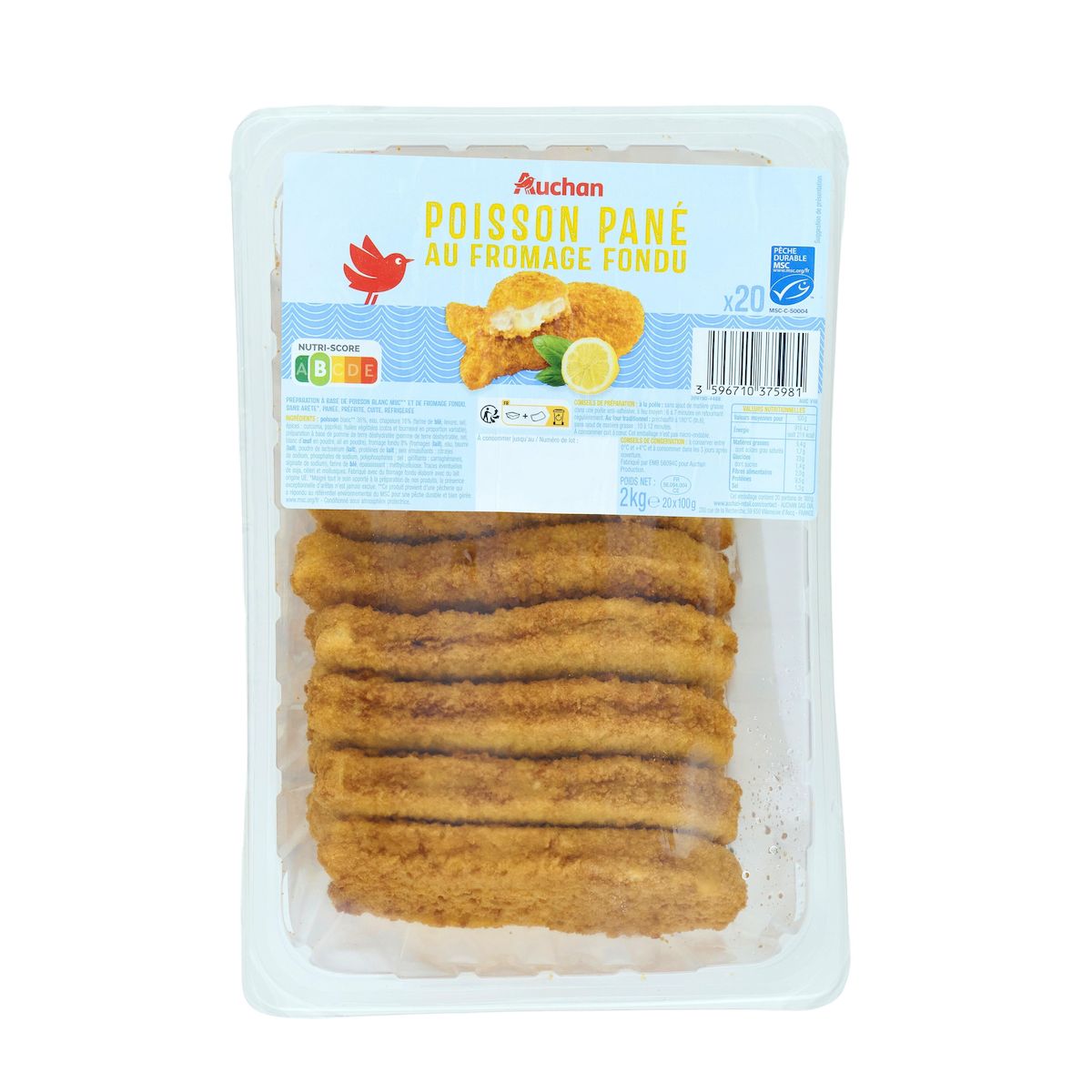 AUCHAN P'tits poissons panés au fromage fondu MSC 20 pièces 2kg