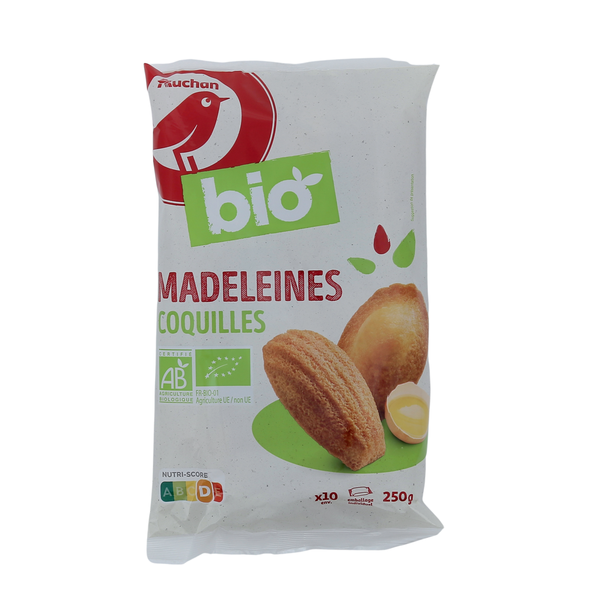 AUCHAN BIO Madeleines nature, sachets individuels 10 madeleines 250g