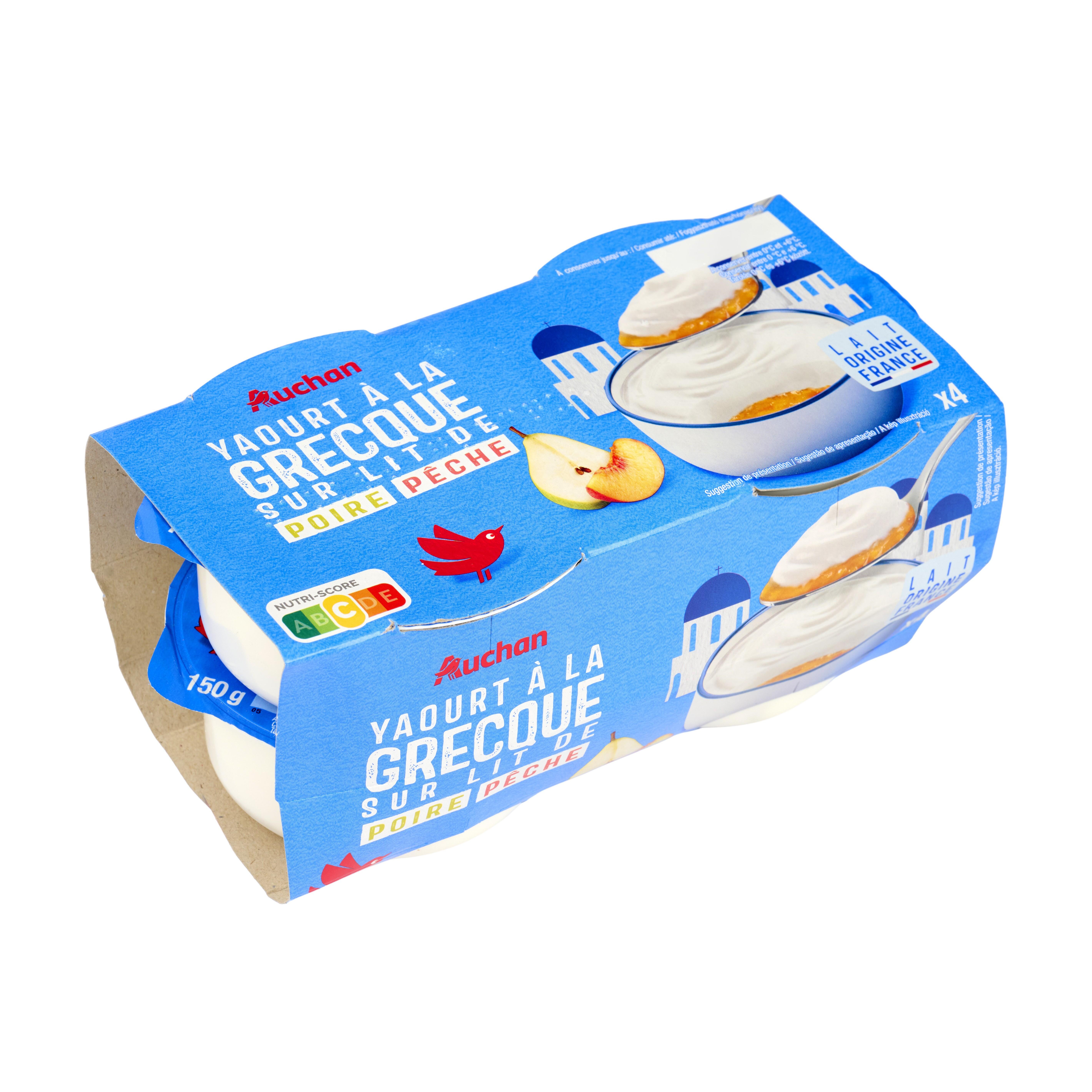 Voir la diapositive 2 : AUCHAN Yaourt à la grecque sur lit de poires pêches 4x150g