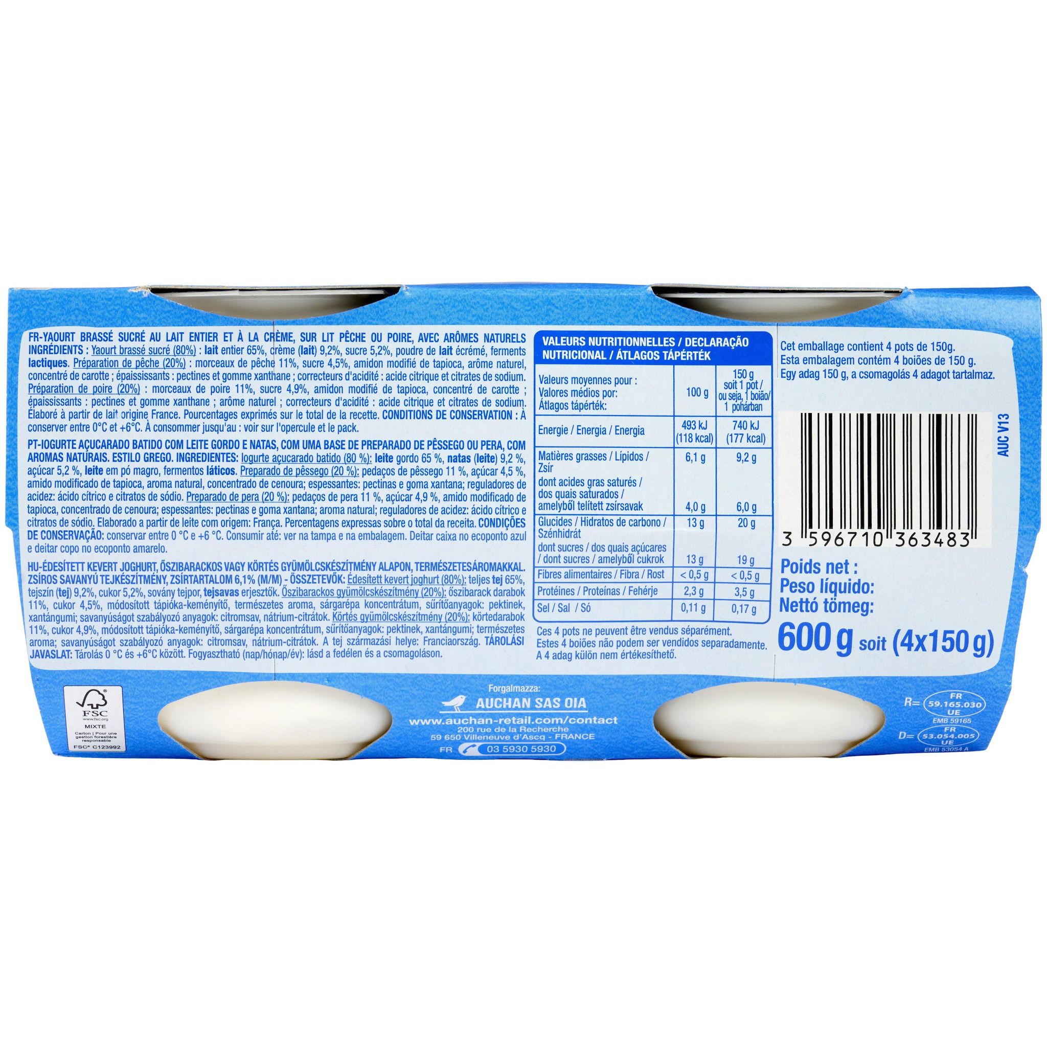 Voir la diapositive 2 : AUCHAN Yaourt à la grecque sur lit de poires pêches 4x150g