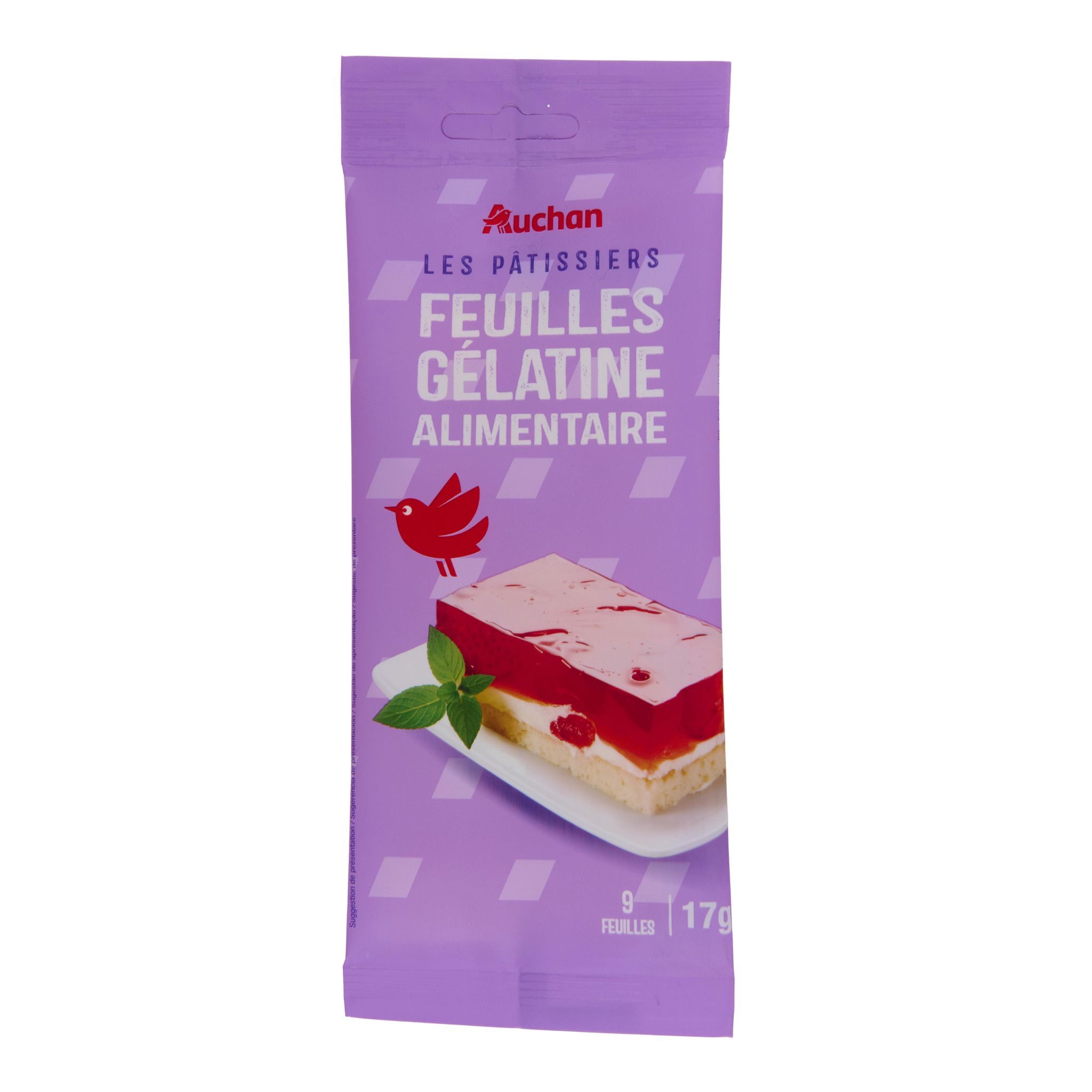 Voir la diapositive 2 : AUCHAN Gélatine alimentaire en feuilles 9 feuilles 17g