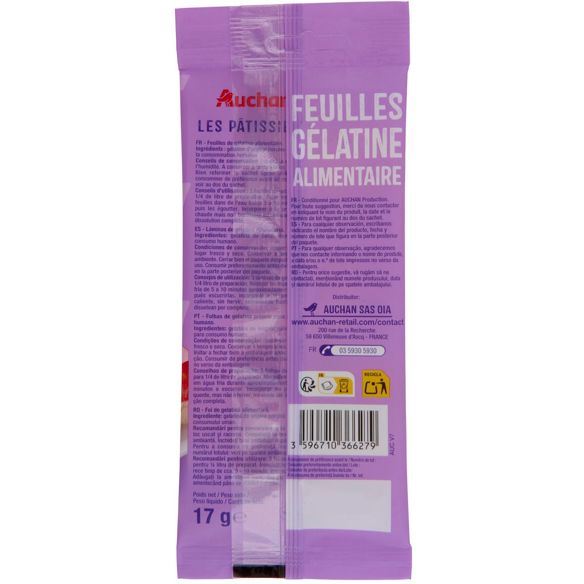 AUCHAN Gélatine alimentaire en feuilles 9 feuilles 17g
