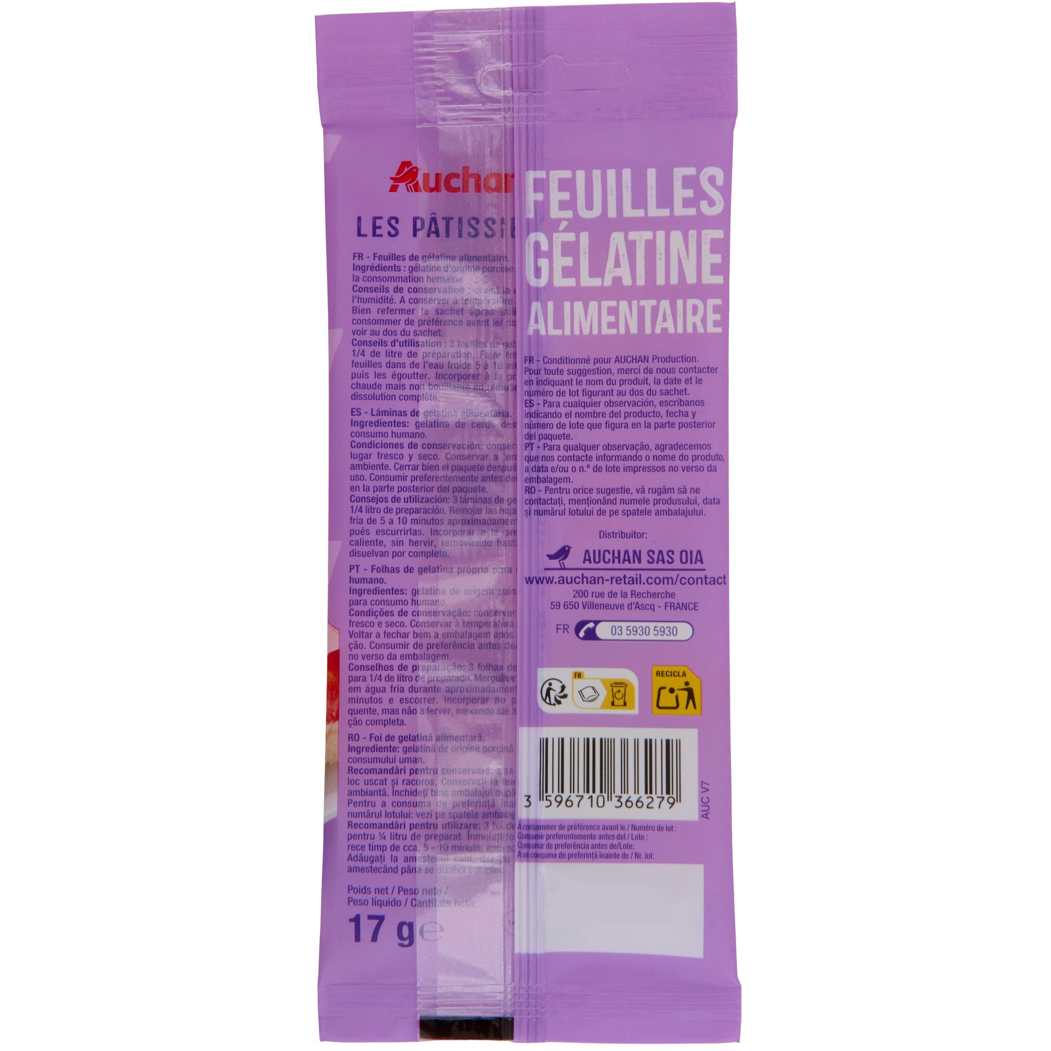 Voir la diapositive 3 : AUCHAN Gélatine alimentaire en feuilles 9 feuilles 17g