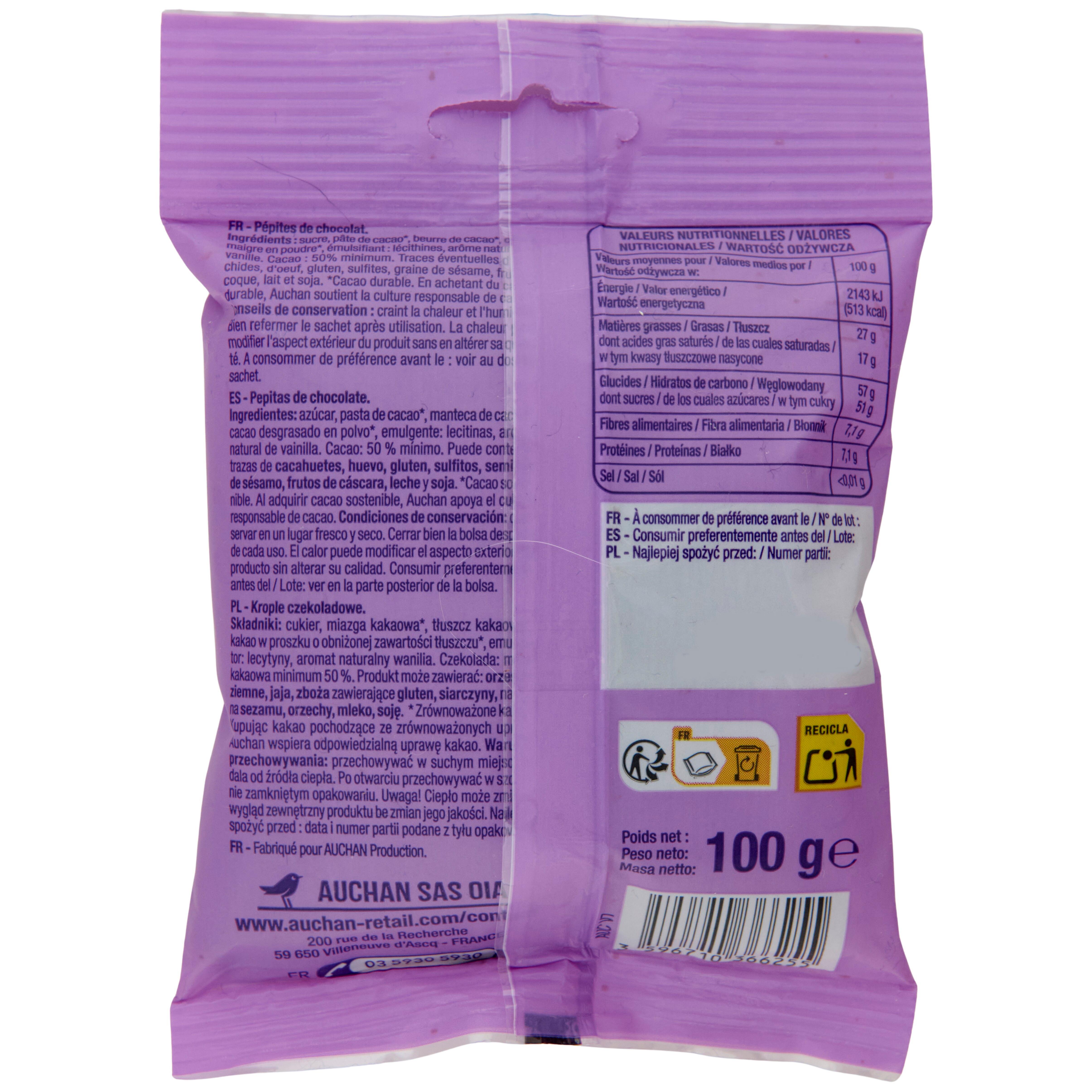 Voir la diapositive 2 : AUCHAN Pépites de chocolat, sachet refermable 100g