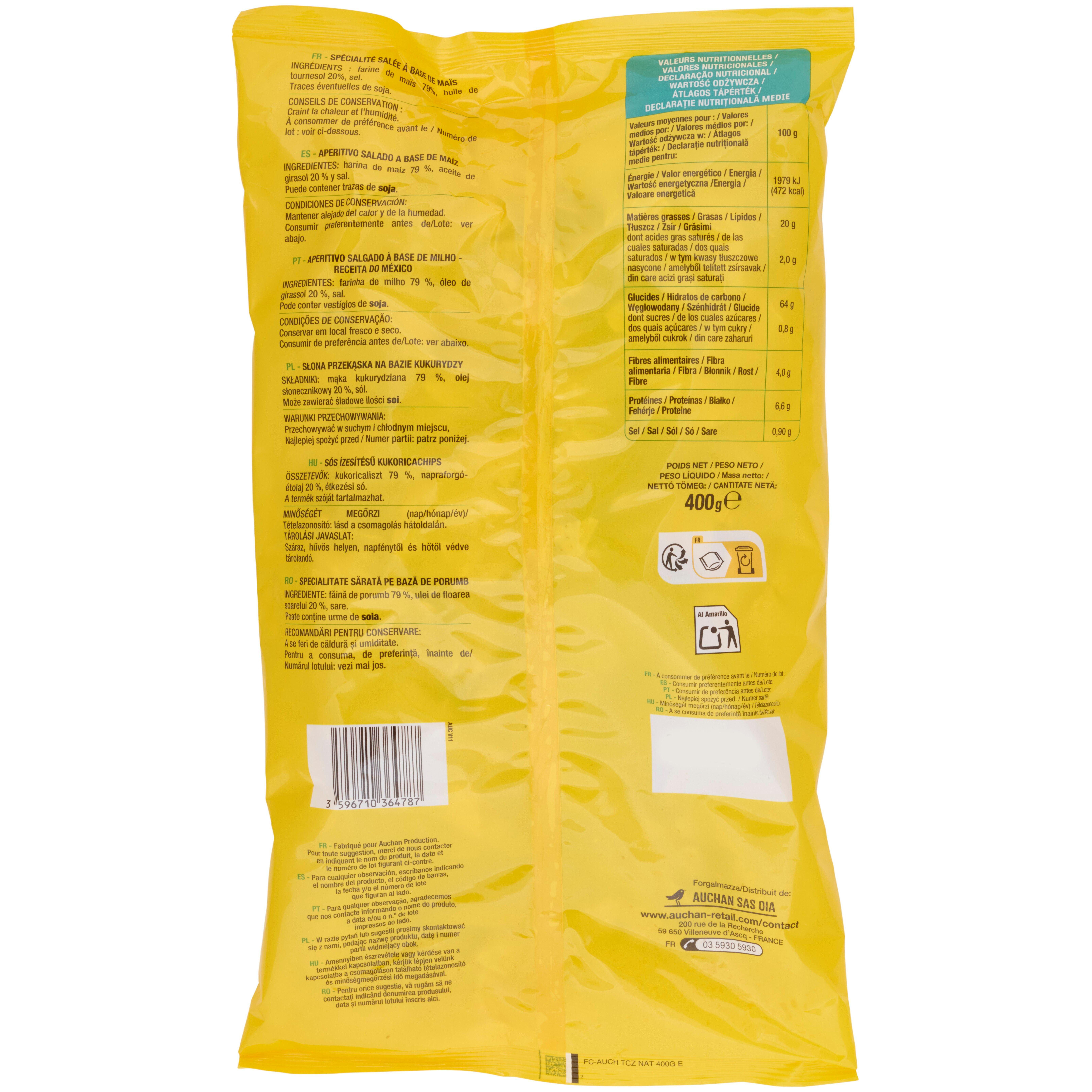 Voir la diapositive 2 : AUCHAN Chips tortillas nature à l'huile de tournesol 400g