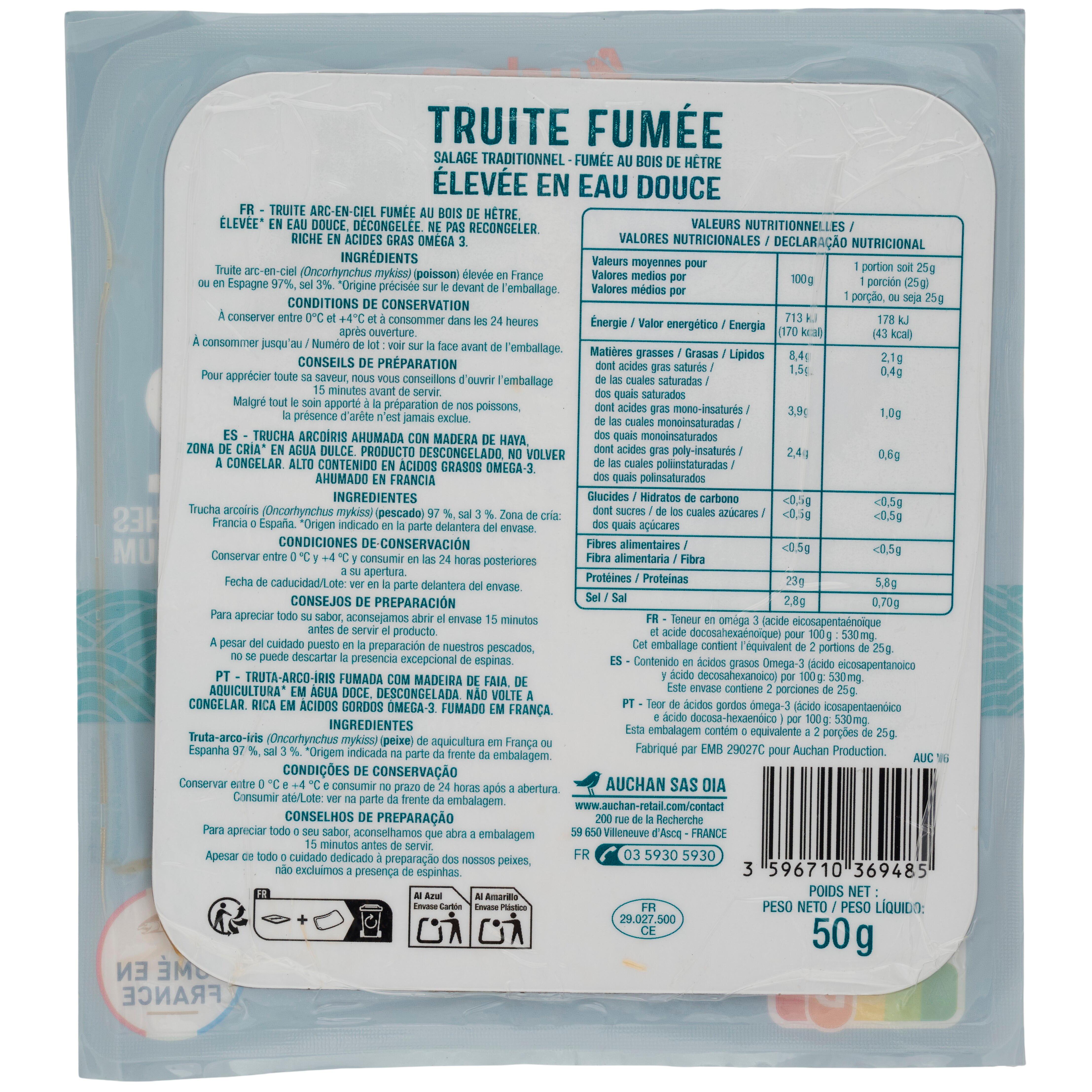 Voir la diapositive 2 : AUCHAN Truite d'eau douce fumée au bois de hêtre 2 tranches 50g