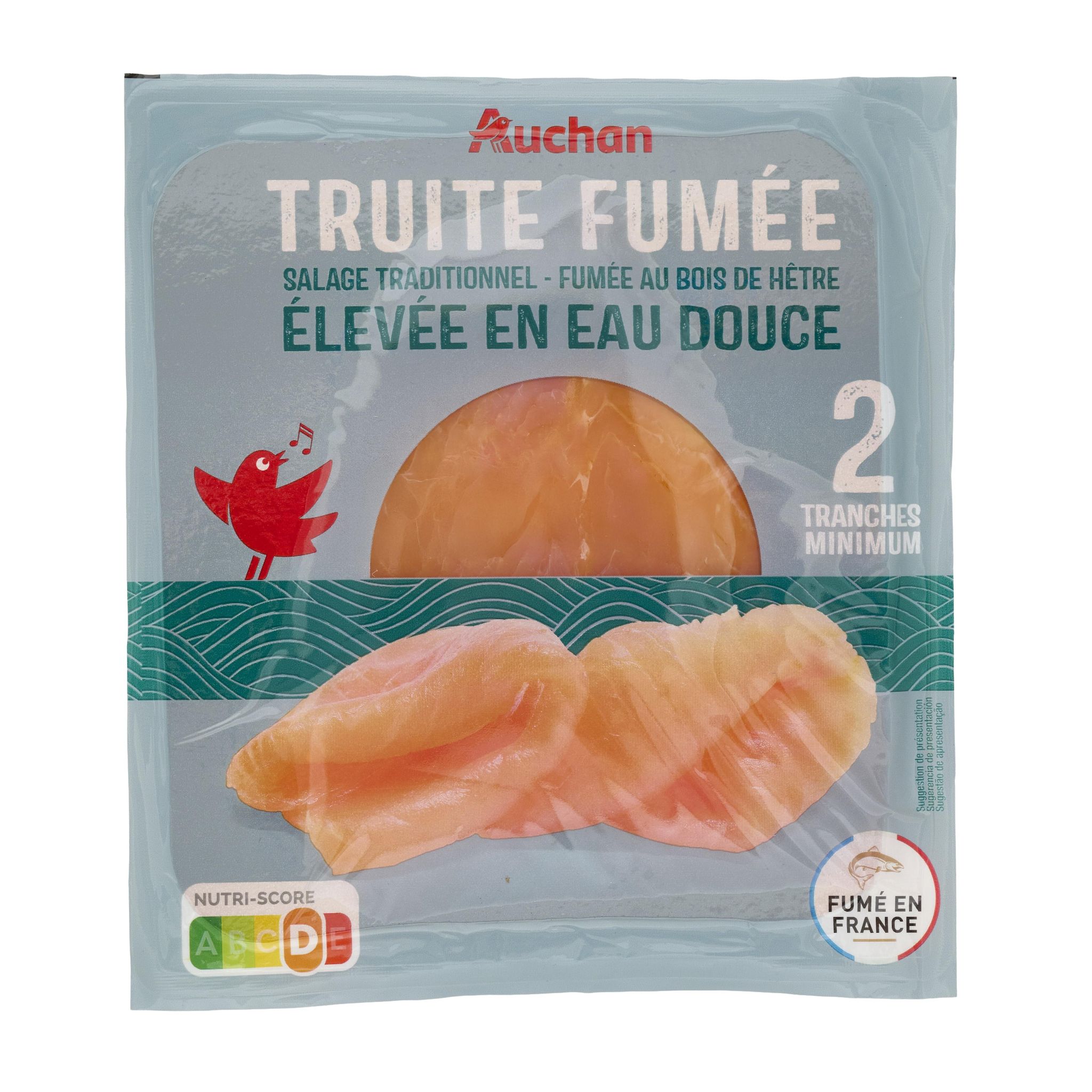 Voir la diapositive 2 : AUCHAN Truite d'eau douce fumée au bois de hêtre 2 tranches 50g