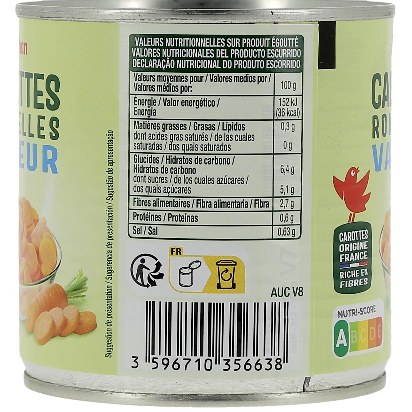 Voir la diapositive 2 : AUCHAN Carottes en rondelles cuisson vapeur 260g