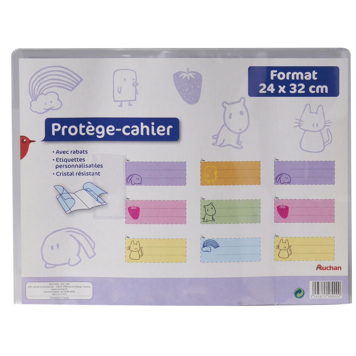 AUCHAN Protège cahier à rabats 24x32cm cristal blanc translucide