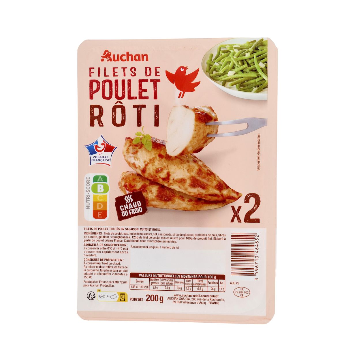 AUCHAN Filets entiers de poulet rôti 2 pièces 200g