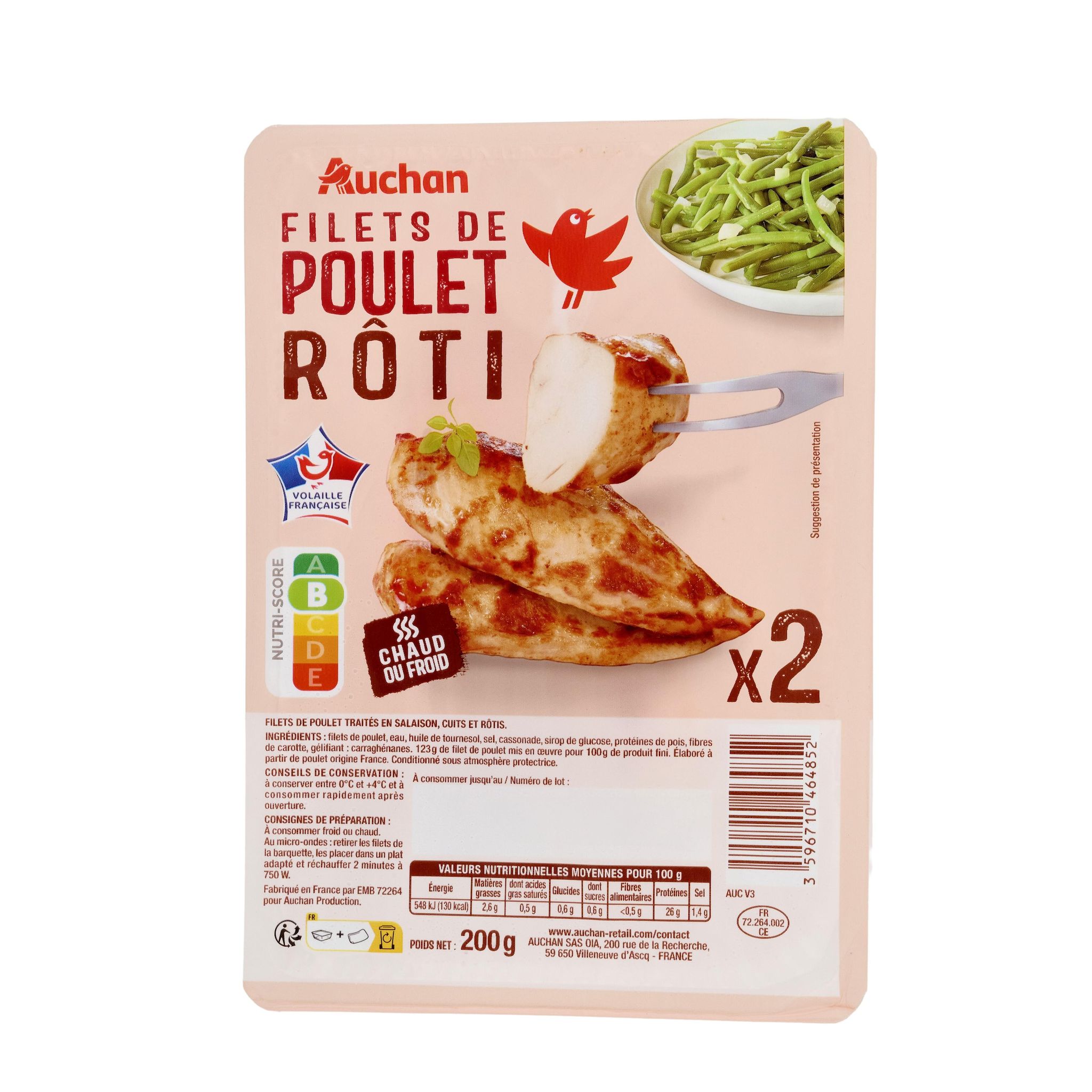 Voir la diapositive 2 : AUCHAN Filets entiers de poulet rôti 2 pièces 200g