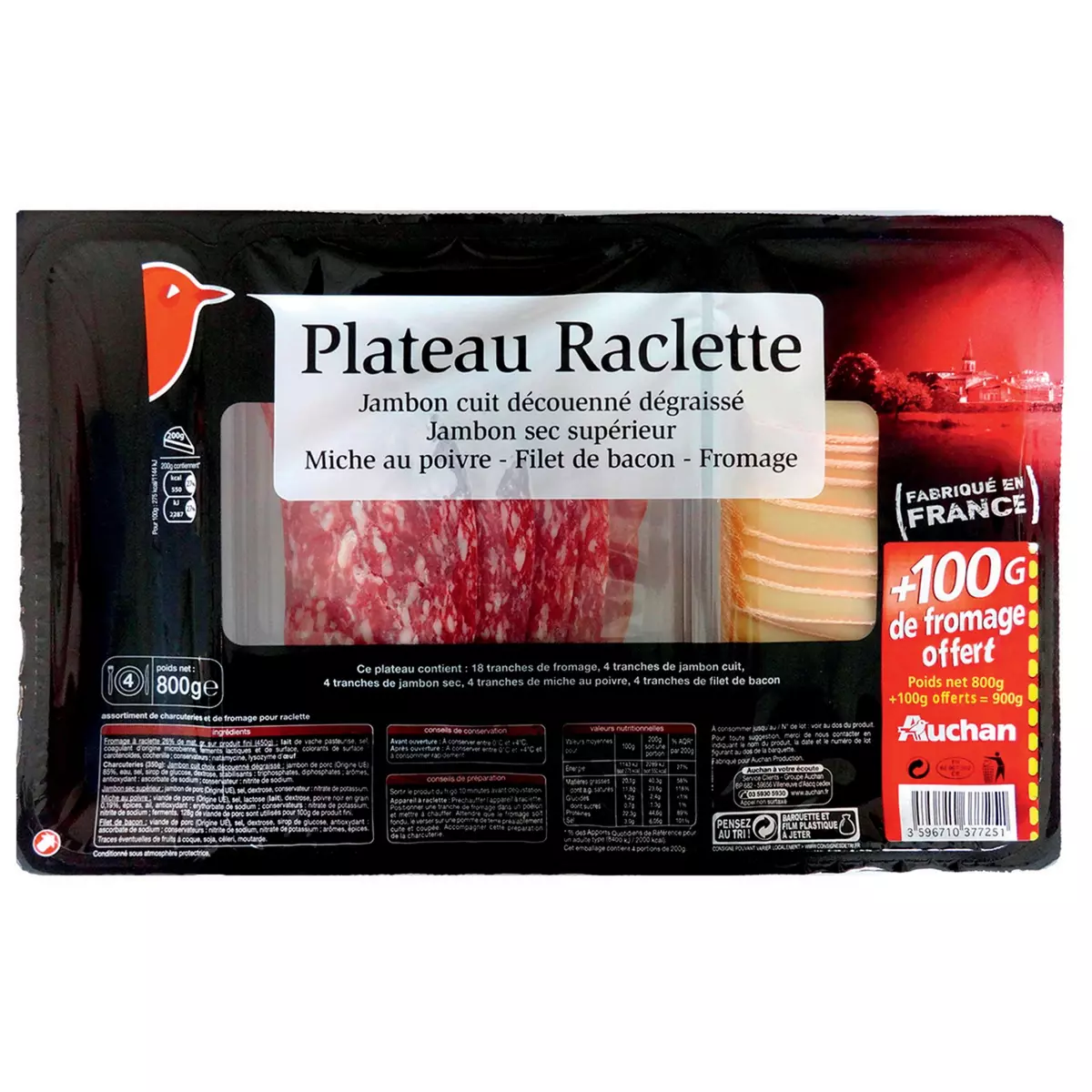 AUCHAN Plateau raclette fromage et charcuterie 800g+100g offert