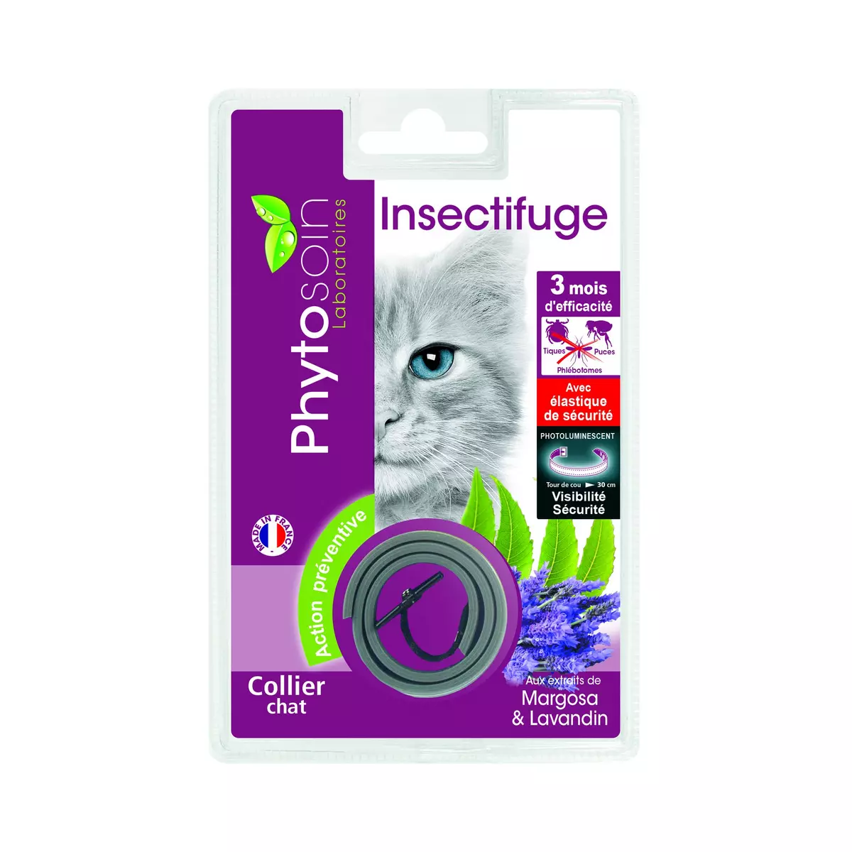 PHYTOSOIN Collier insectifuge réfléchissant margosa 35cm pour chats et chatons 1 pièce