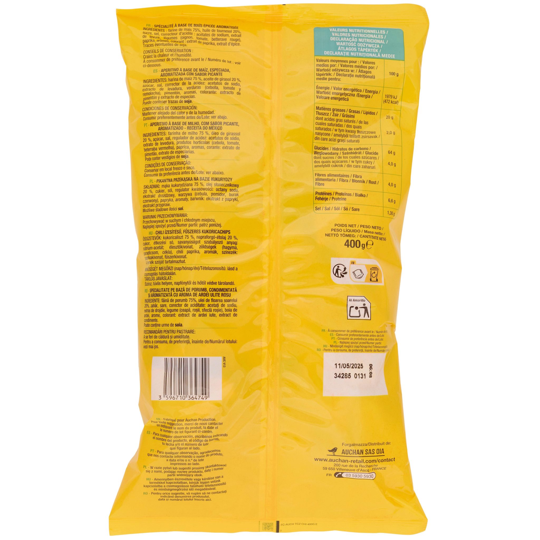 Voir la diapositive 2 : AUCHAN Tortillas saveur chili à l'huile de tournesol 400g