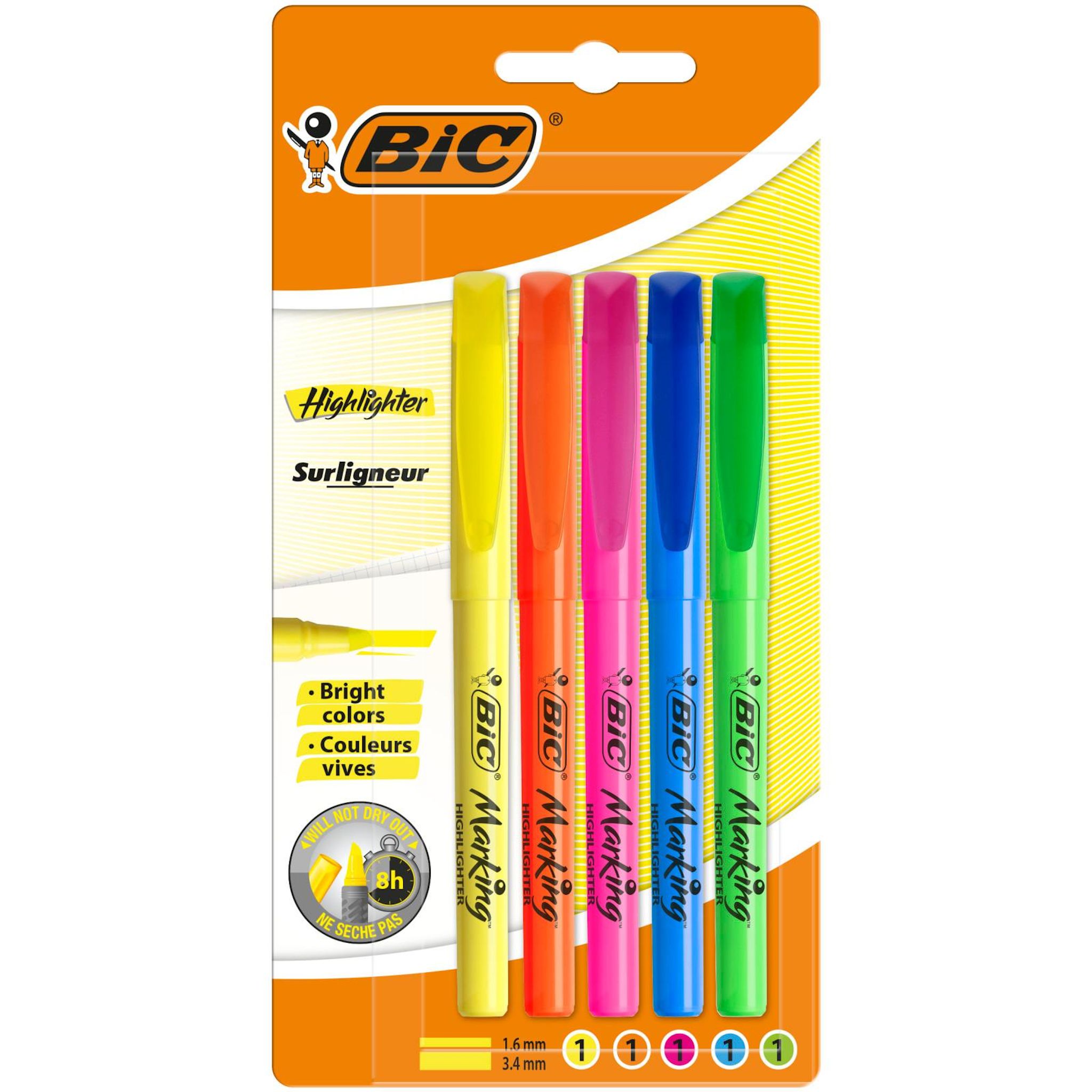 BIC Surligneurs pointe biseautée couleurs fluo assorties