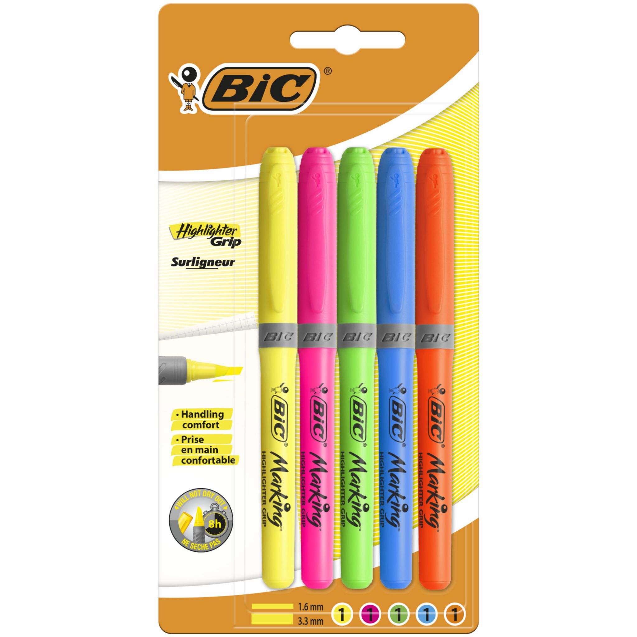BIC Lot de 5 surligneurs pointe biseautée Brite Liner - coloris assortis
