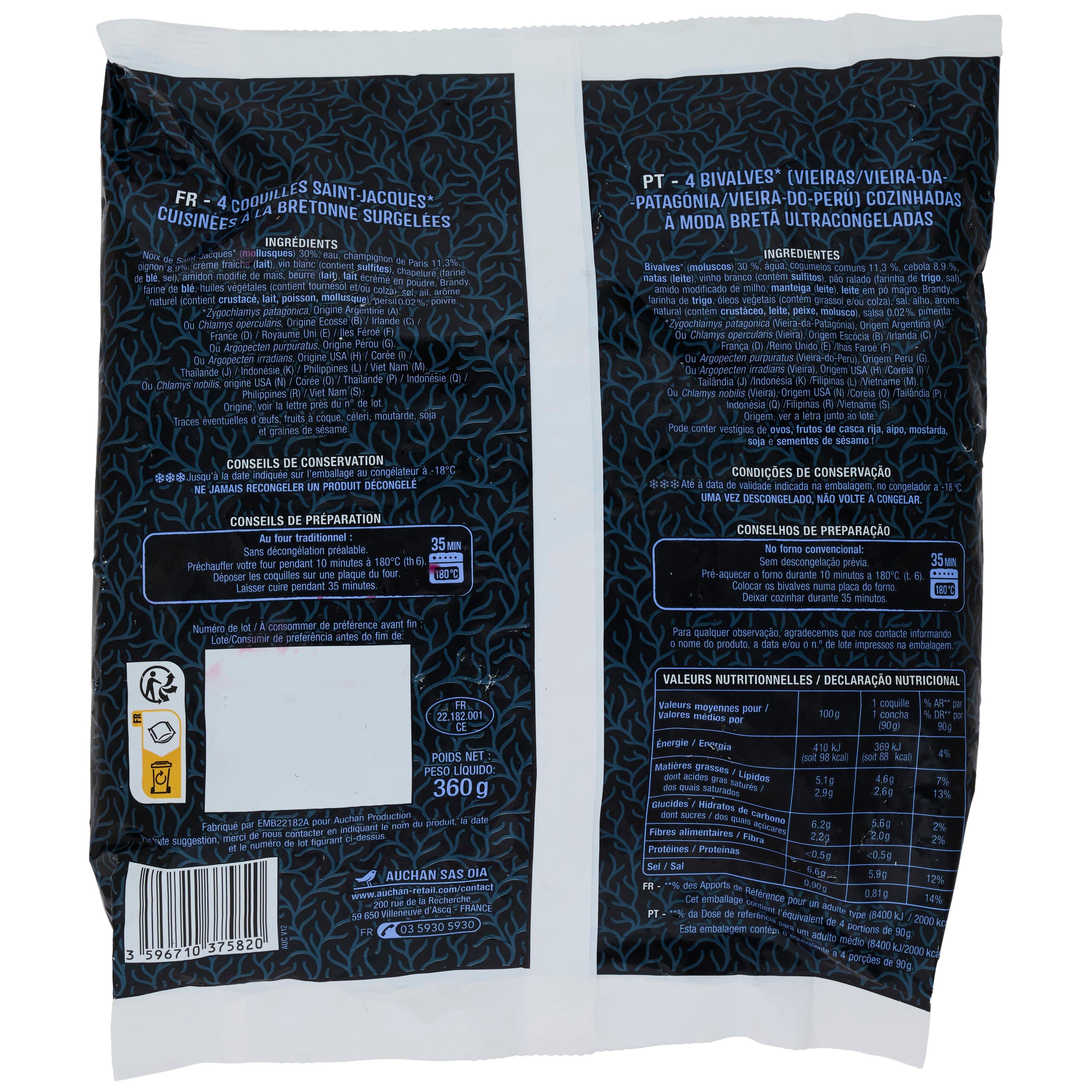 Voir la diapositive 3 : AUCHAN Coquilles Saint-Jacques cuisinées à la bretonne 4 pièces 360g