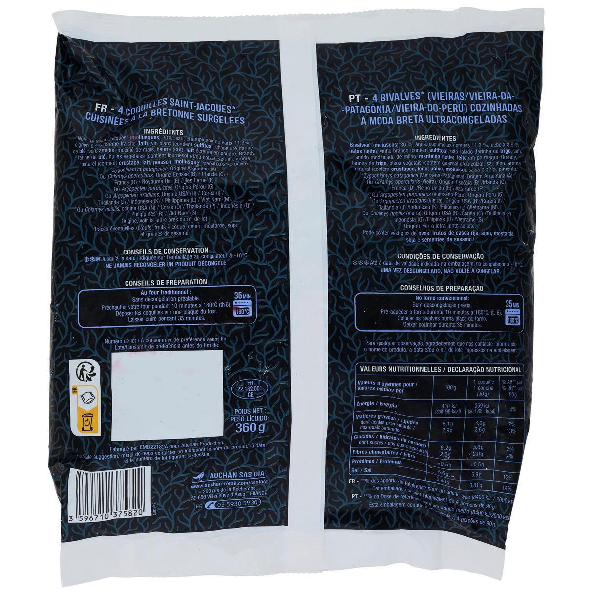 AUCHAN Coquilles Saint-Jacques cuisinées à la bretonne 4 pièces 360g