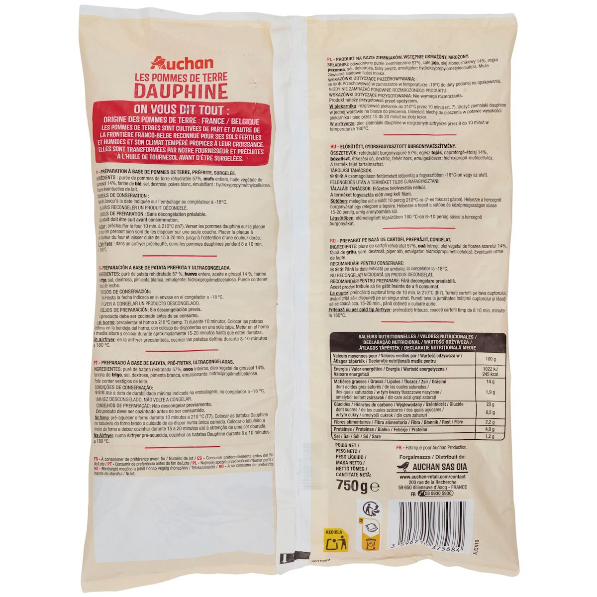 AUCHAN Pommes de terre dauphine 750g